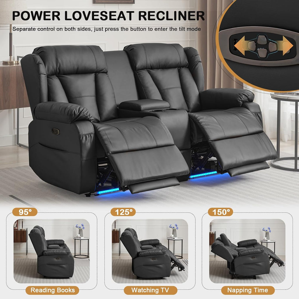 Power Reclining Loveseat Sofa, Loveseat Recliner Couch with Console, RV Recliners for Travel Trailers, Home Theater Seating with Cup Holders/LED/Drawer/USB/USB C (Black)