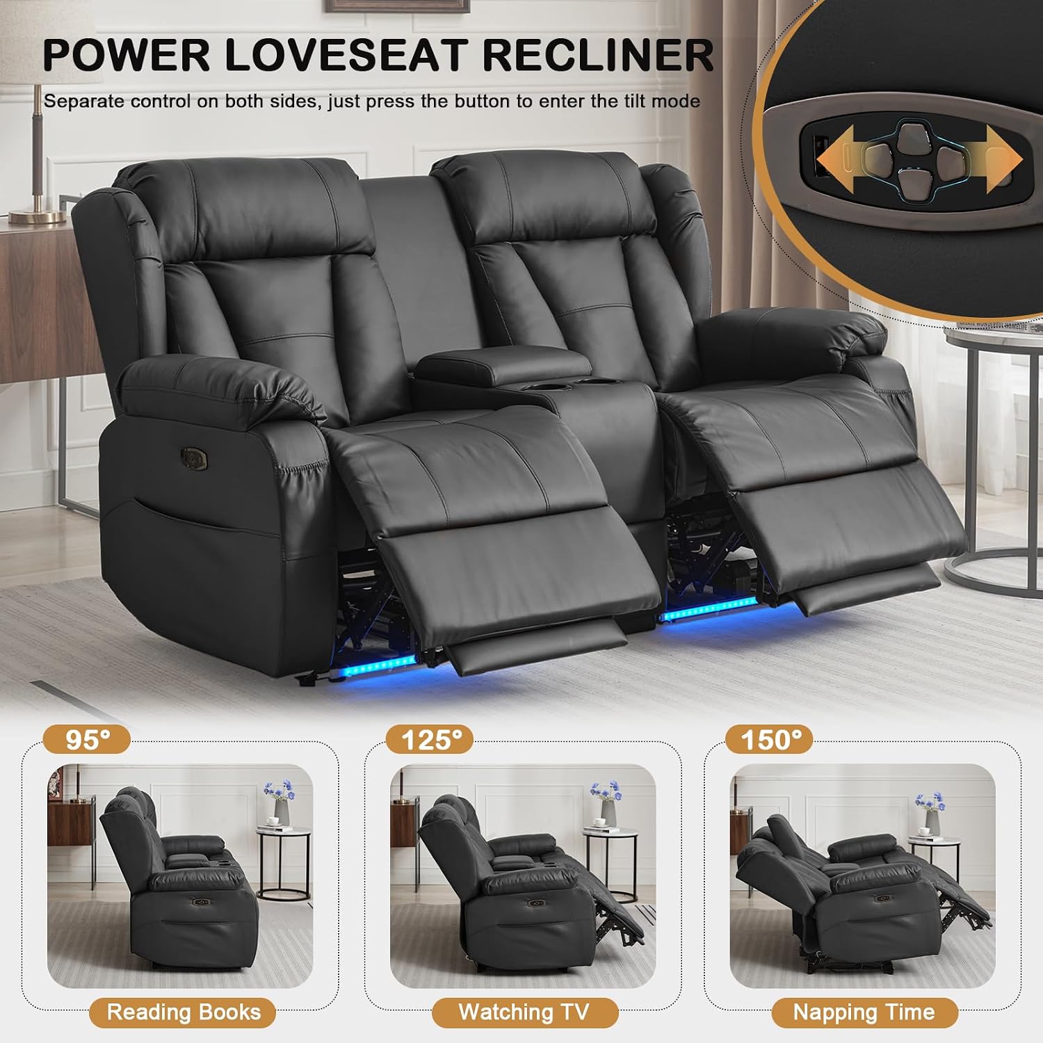 Power Reclining Loveseat Sofa, Loveseat Recliner Couch with Console, RV Recliners for Travel Trailers, Home Theater Seating with Cup Holders/LED/Drawer/USB/USB C (Black)