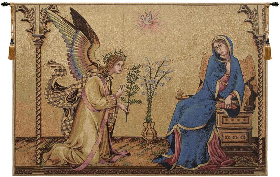Charlotte Home Furnishings Inc. Annunciazione Tra I Santi Ansano E Margherita Italian Tapestry Wall Hanging 35 X 52 Inch Viscose Cotton And Polyester Perfect For Wall Decor By Simone Martini