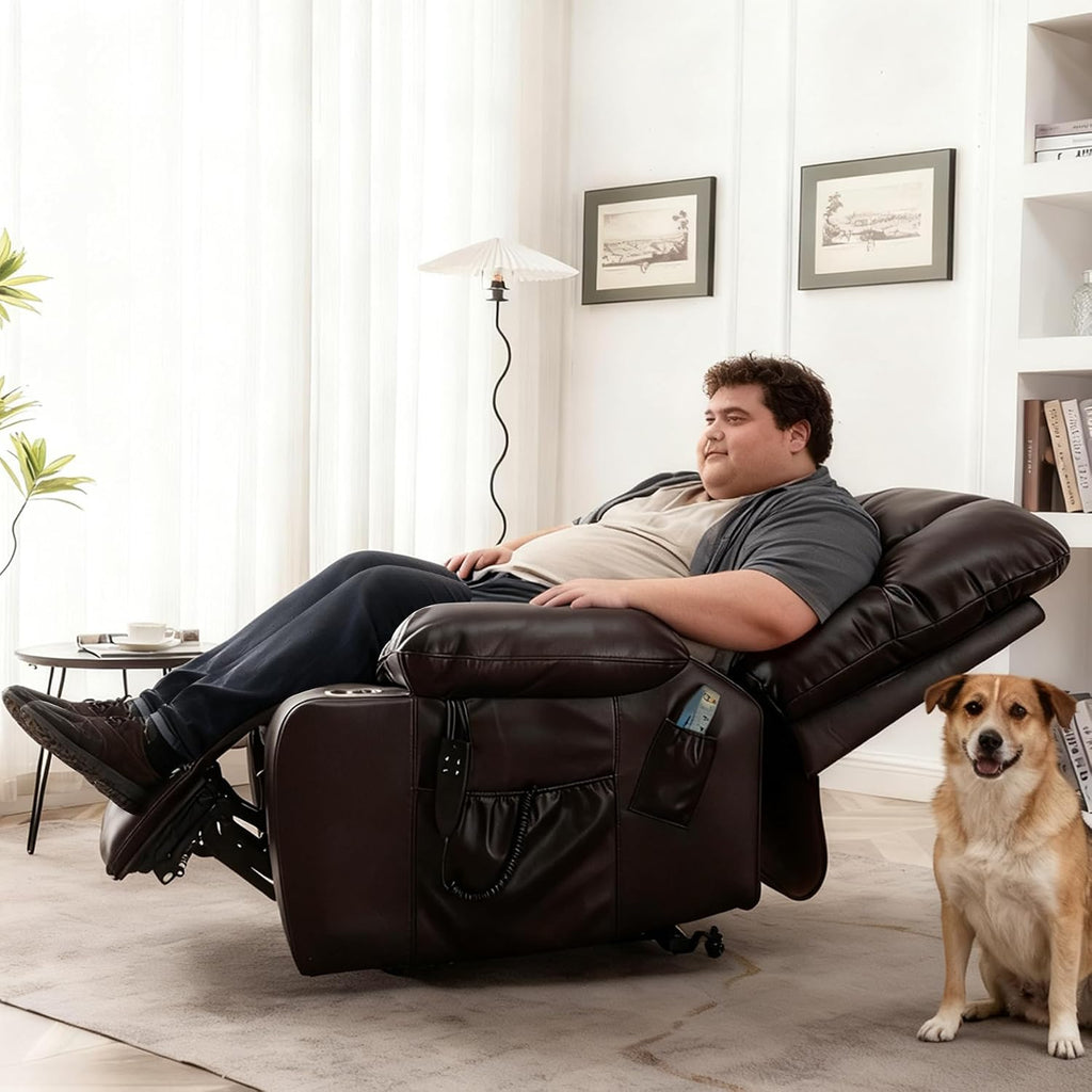 Oversized Power Recliner Chair for Big and Tall 400 LBS, 25.5' Extra Wide Electric Lift Chair with Heat and Massage, Dual Motor 180° Lay Flat Recliner Living Room Sofa, PU Leather Big Recliner