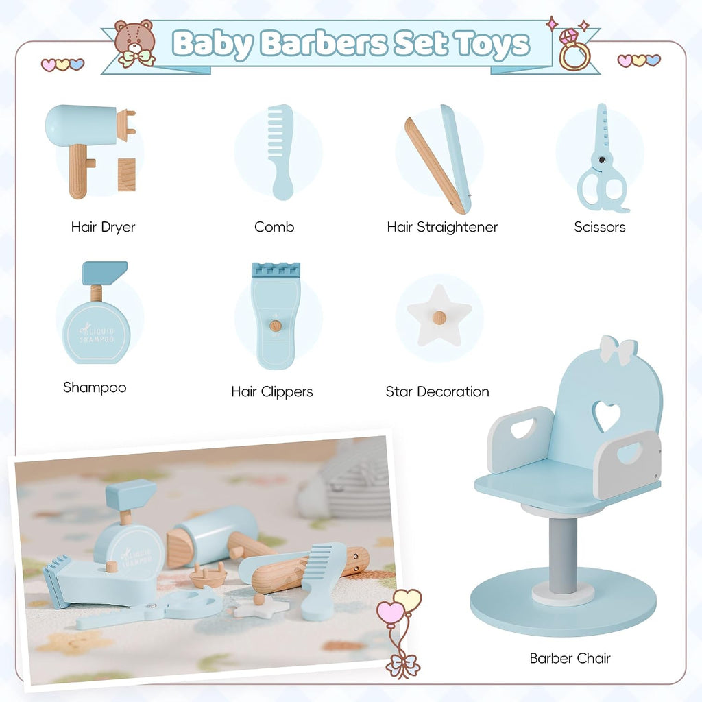 Ice Blue Kids Vanity Set with Light and Barber Chair, Makeup Dressing Vanity Table with Storage Shelf and Hair Salon Play Set 7 pcs Accessories, Pretend Play Vanity Set for Toddler Girls
