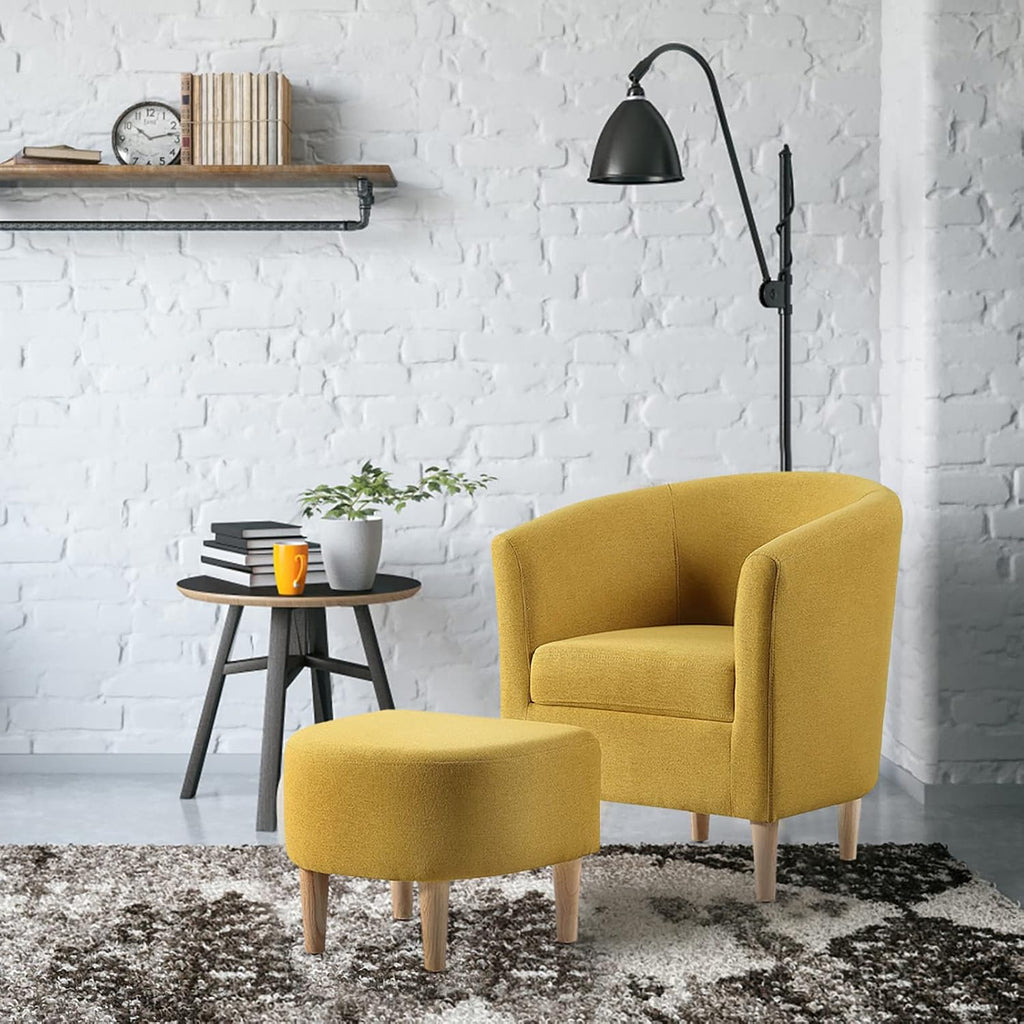 DAZONE Modern Accent Chair, Upholstered Arm Chair Linen Fabric Single Sofa Chair with Ottoman Foot Rest Mustard Yellow Comfy Armchair for Living Room Bedroom Small Spaces Apartment Office