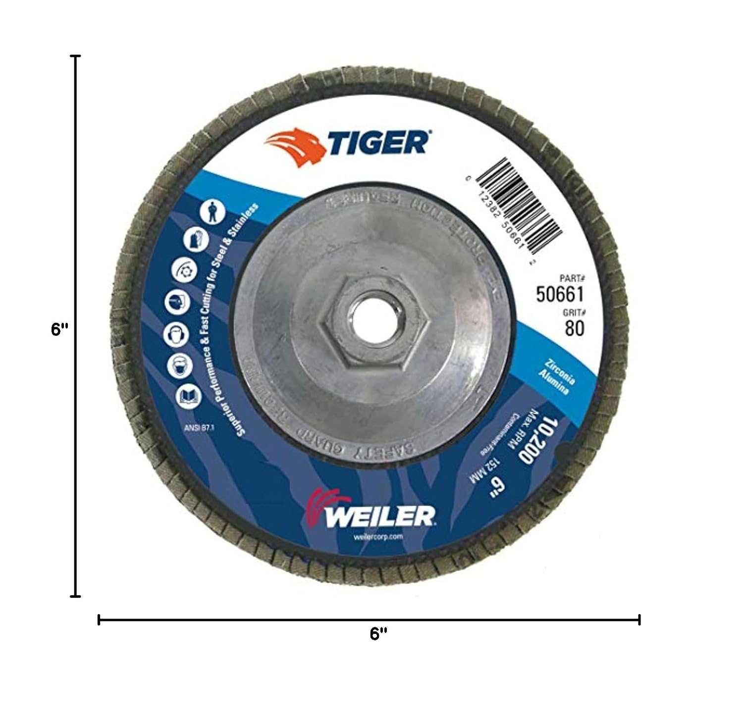 Weiler 50661 Tiger 5/8'-11 Arbor, 6' Diameter, 80 Grit, Zirconium, Phenolic Backing, Angled Abrasive Flap Disc (Pack of 10)