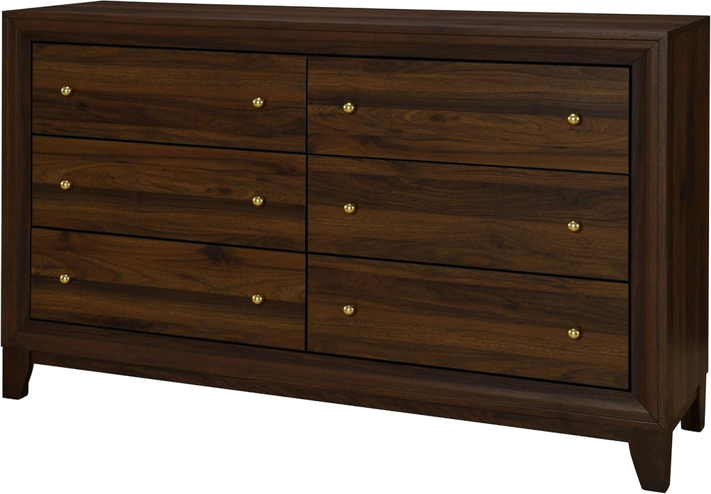 Coaster Home Furnishings - Welsley - Engineered Wood - 6-Drawer Dresser with Gold Round Knobs, Block Legs, Mitered Trim, Transitional Style - Bedroom - Walnut - 223443