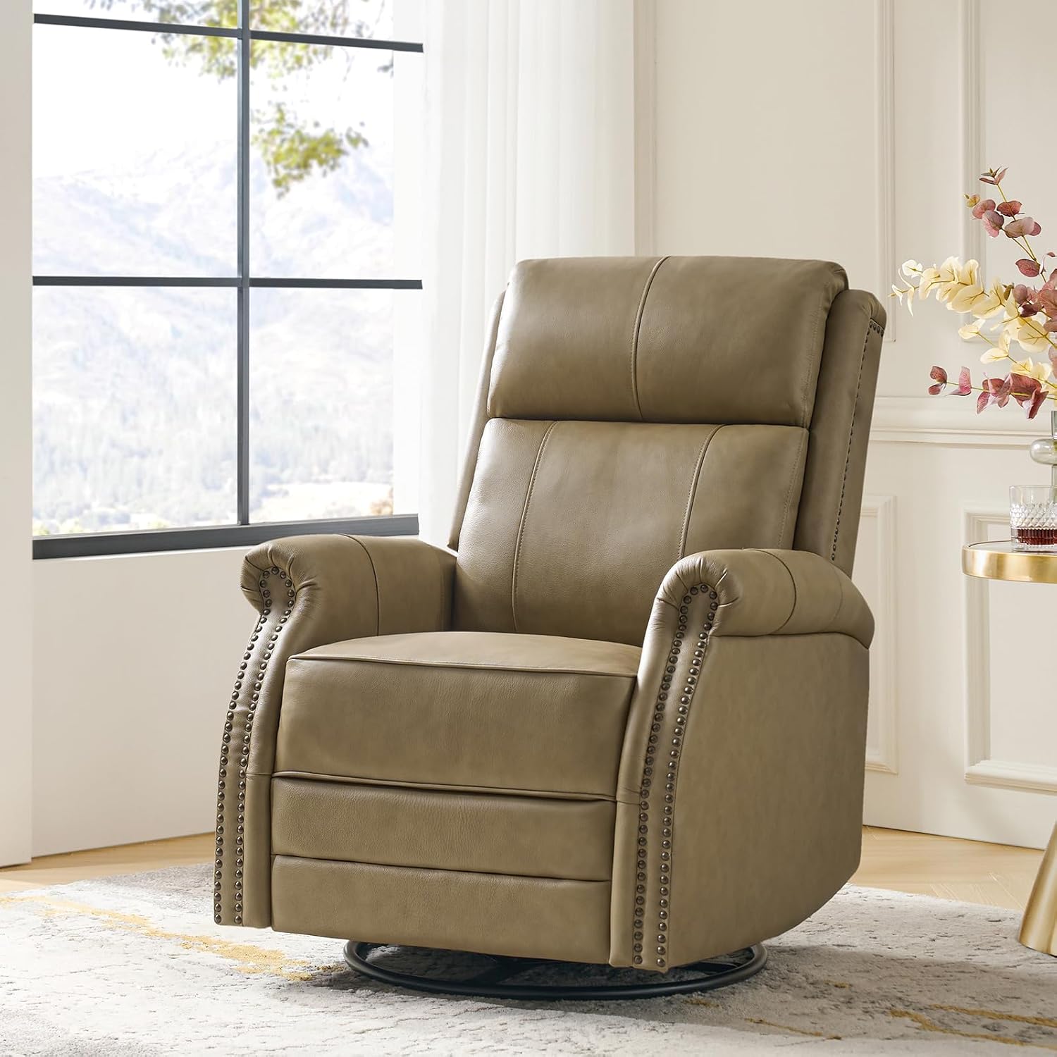 HULALA HOME Genuine Leather Swivel Rocker Recliner with Adjustable Backrest & Footrest, Manual Glider Recliner Chair with 360°Swivel Base, Home Theater Sofa Armchair for Living Room Bedroom, Taupe