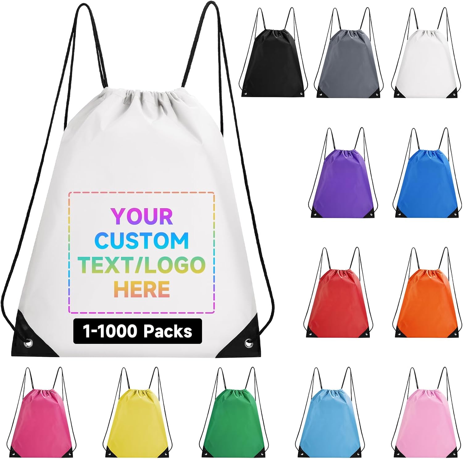 Custom Drawstring Backpacks With Your Logo, 100 Pack Personalized Text Drawstring Bags String Bag Bulk, Great for Travelling, Gym and for Everyday Use (White)