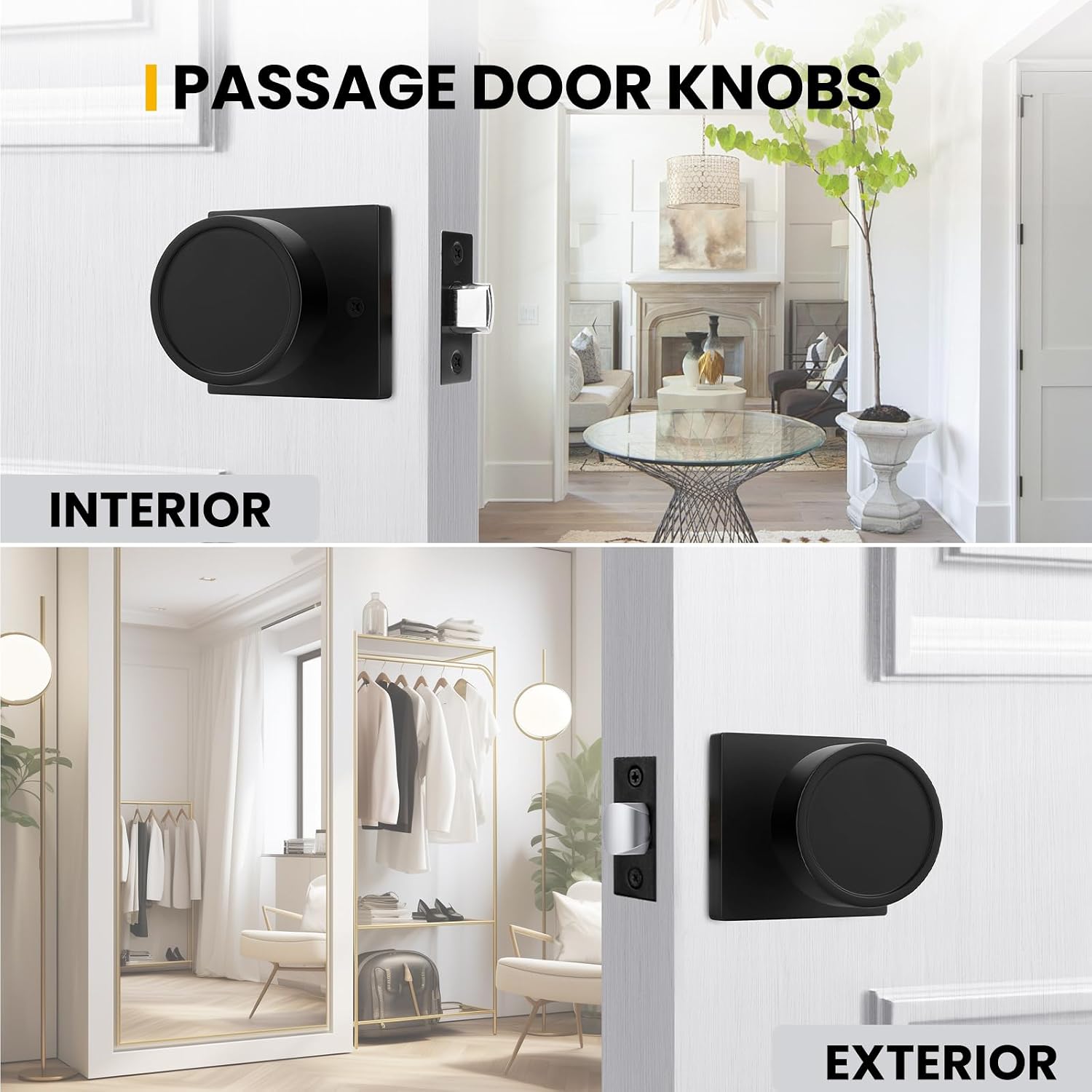 Goldenwarm Matte Black Door Knobs Passage, Closet Door Knob Zinc Alloy, Contemporary Black Interior Door Knobs for Hallway, 5 Pack