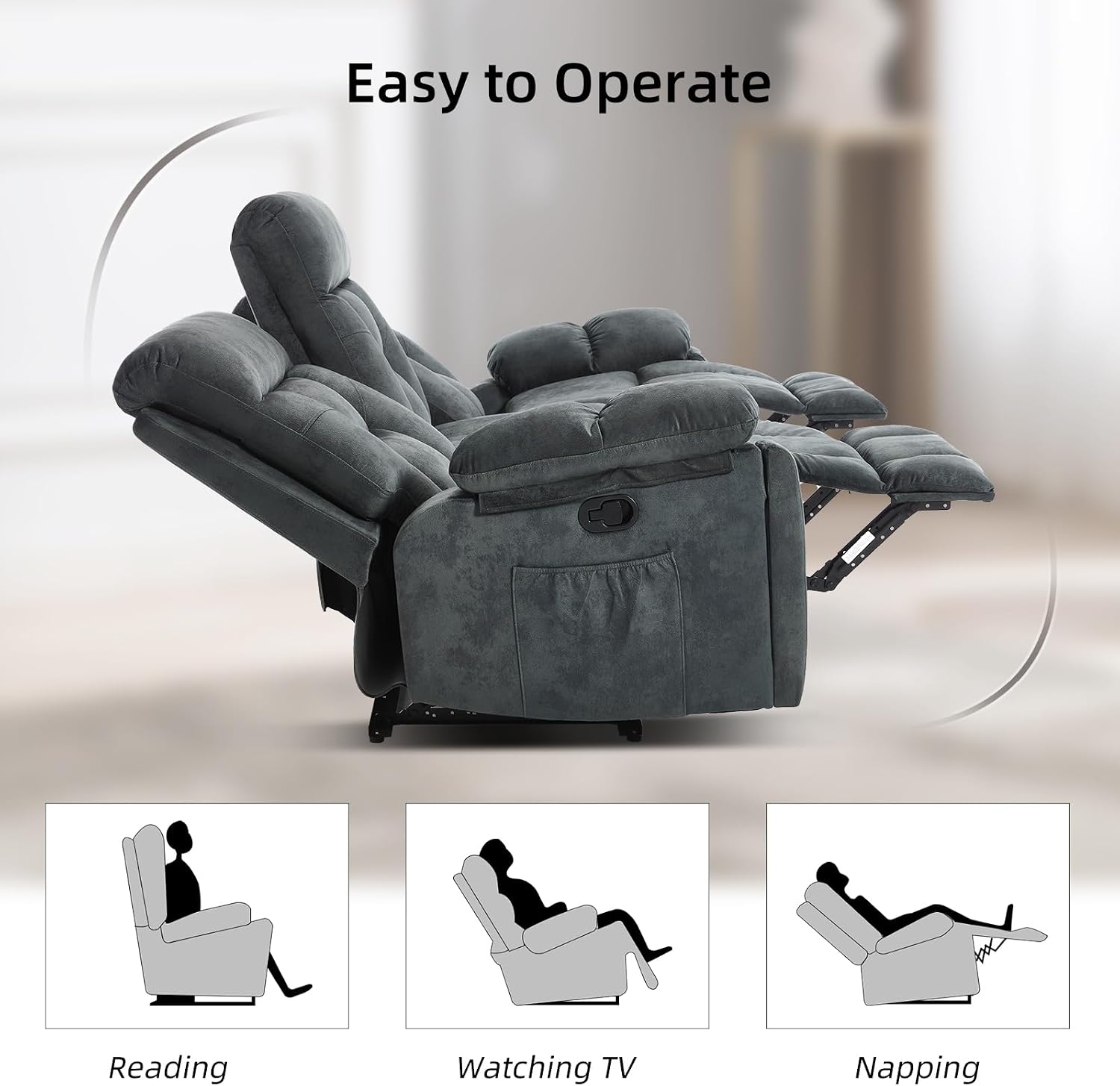EBELLO 2 Piece Reclining Living Room Set, Soft Fabric Recliner Sofa Set, Included Power Lift Recliner Chair with Massage and Heat and Loveseat, Dark Greenish-Grey