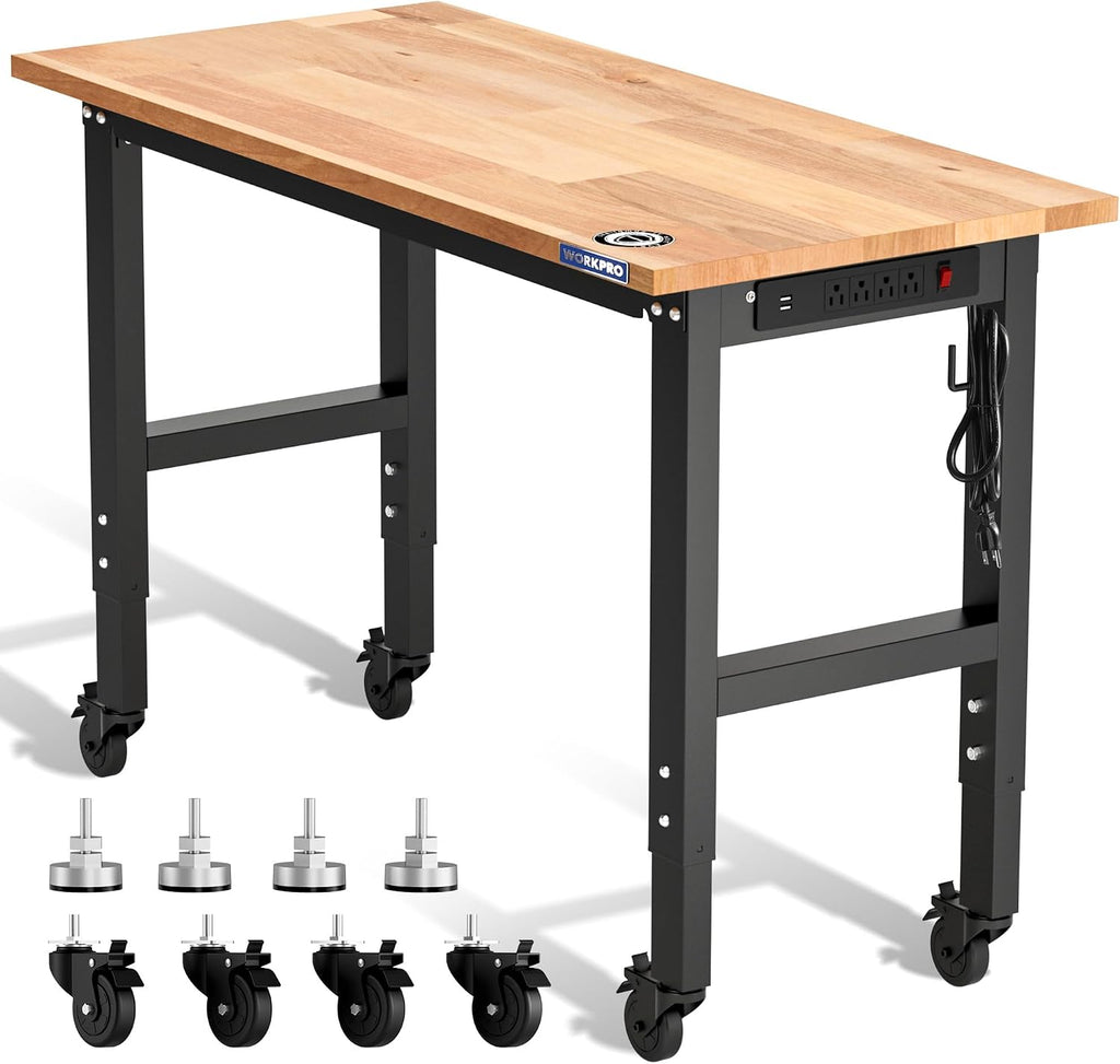 WORKPRO Garage Workbench, 48'X22' Adjustable Workbench with Wheels and Leveling Foot, Rubber Wood Top Work Desk with Power Outlets, 1500 LBS Workbenches for Garage, Workshop, Home