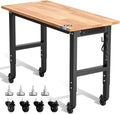 WORKPRO Garage Workbench, 48'X22' Adjustable Workbench with Wheels and Leveling Foot, Rubber Wood Top Work Desk with Power Outlets, 1500 LBS Workbenches for Garage, Workshop, Home