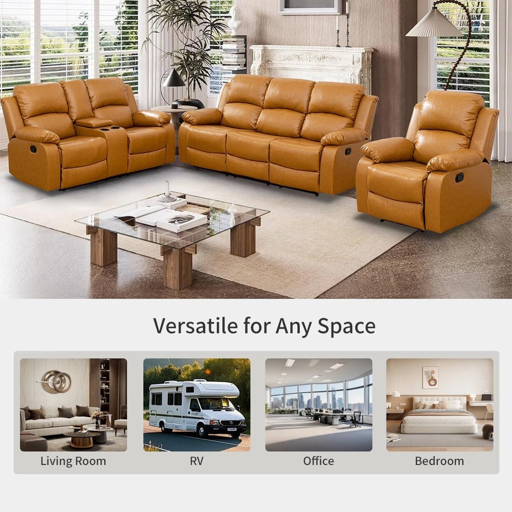 Manual Reclining Couch Sofa Set with Drop-Down Table, 3 Pieces Ginger Leather Recliner Couch Sets, Living Room Furniture Sets, Recliner Sofa with Storage Console/Cup Holder for Home/Apartment