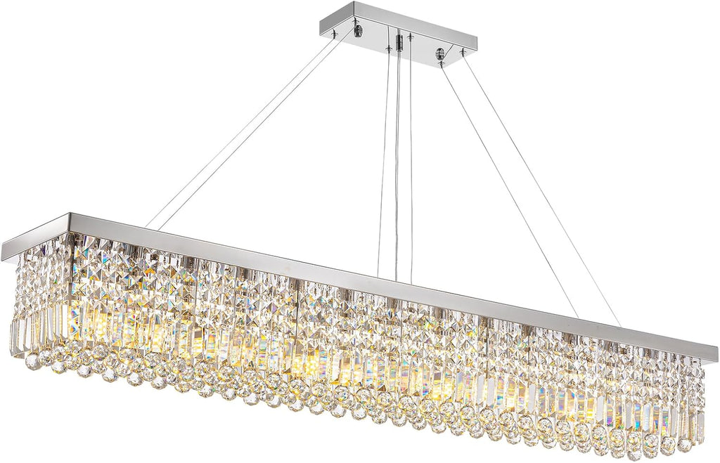7PM Rectangle K9 Crystal Chandelier Modern Rectangular Pendant Light Fixture for Dining Room Kitchen Island Chrome L59'' x W10'' x H9''