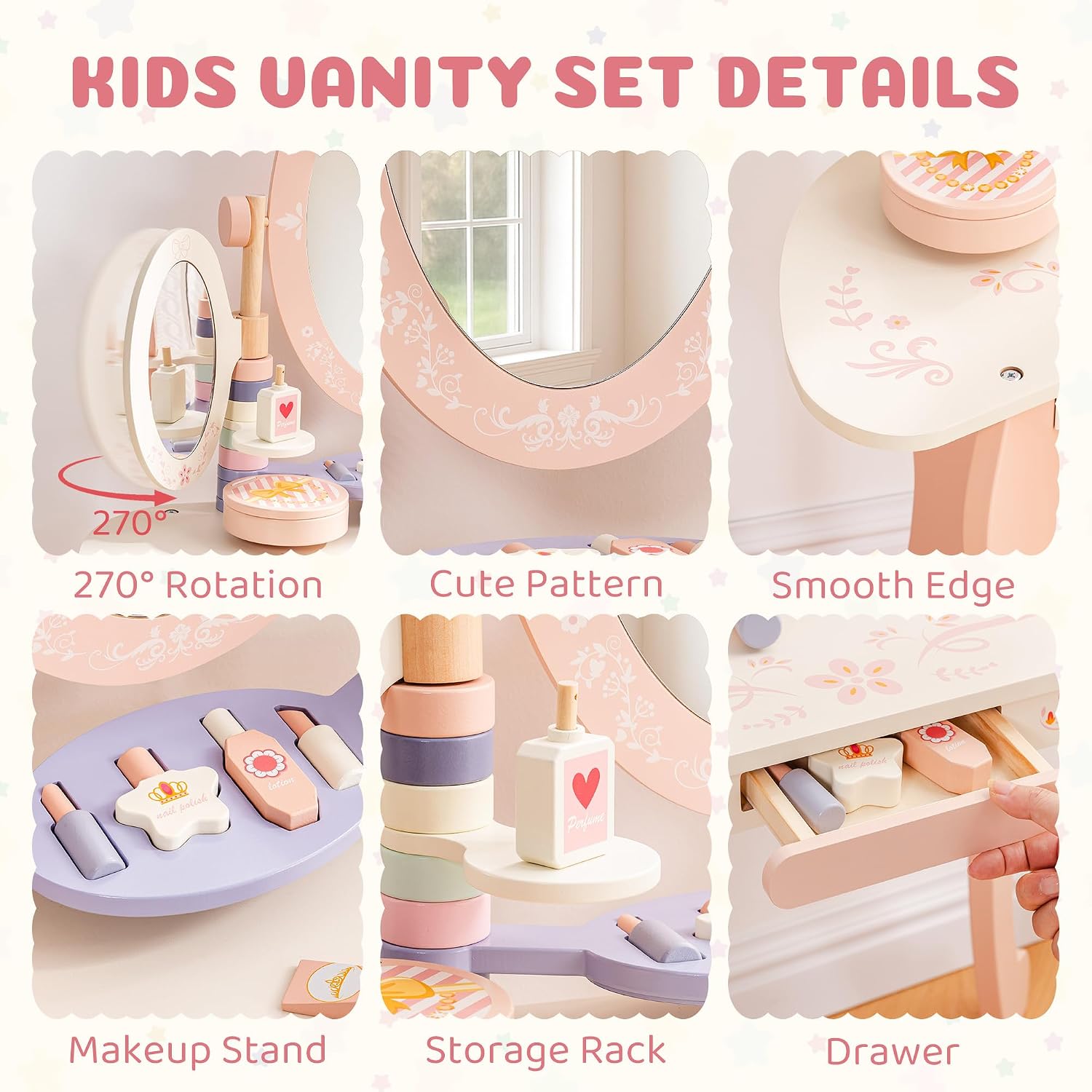 ROBOTIME Kids Vanity Set with Mirror and Stool – Wooden Pink Makeup Table with 11 PCS Accessories – Play Beauty Dresser with Mirrors, Drawer– Kids Vanity Table and Chair Set for Girls Ages 3+