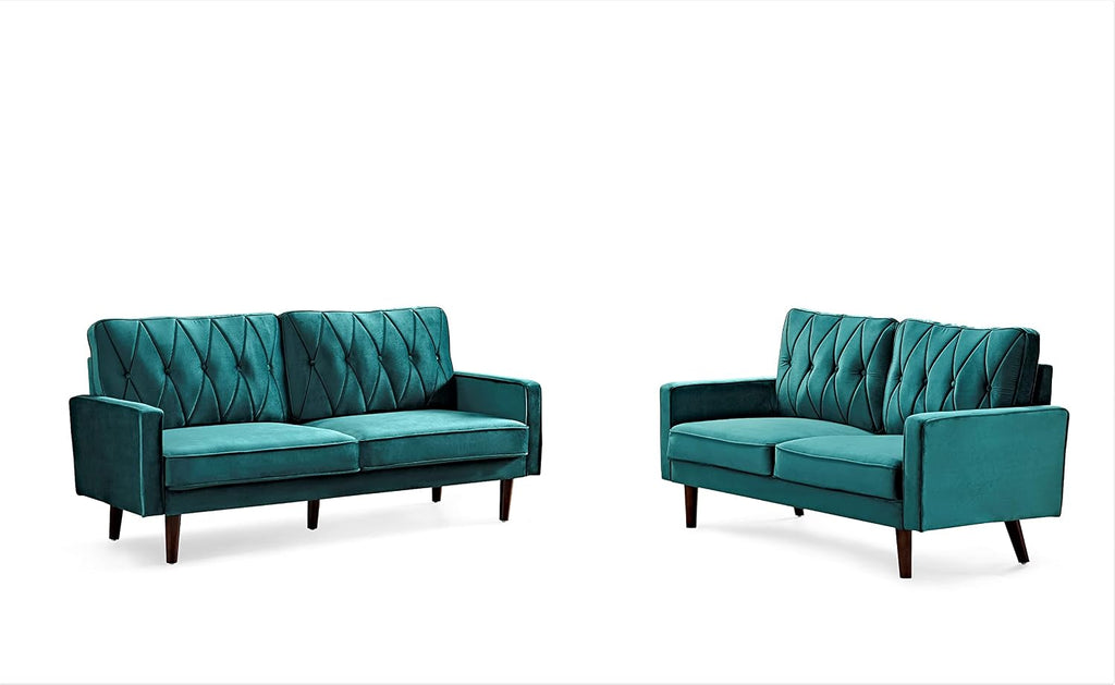Container Furniture Modern Style Tufted Velvet Couches for Living Room with Soft Fabric Upholstery and Solid Wood Frame, 2 Piece Sofa and Loveseat Set, Green