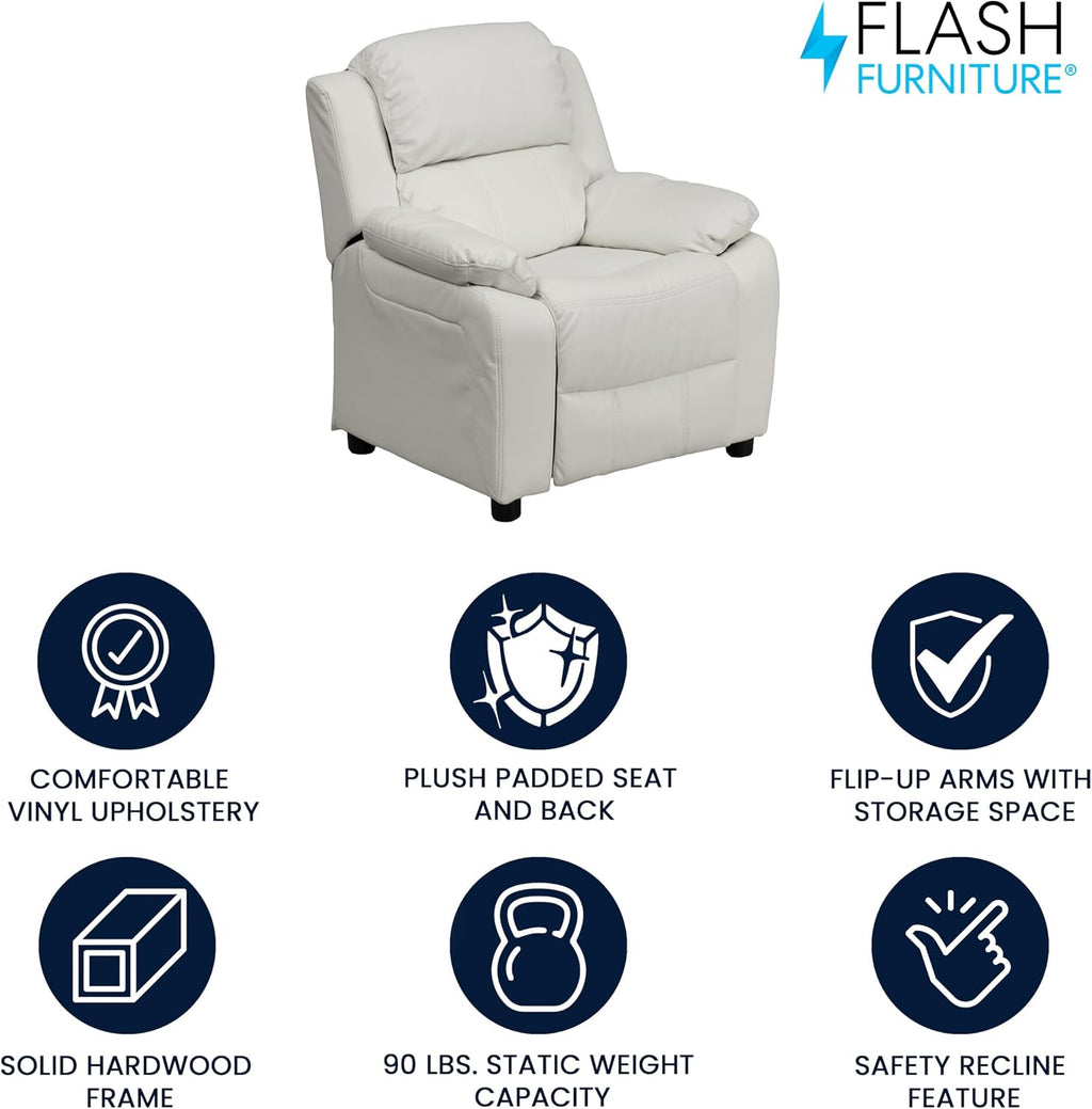 Flash Furniture Charlie Vinyl Kids Recliner with Flip-Up Storage Arms and Safety Recline, Contemporary Reclining Chair for Kids, Supports up to 90 lbs., White