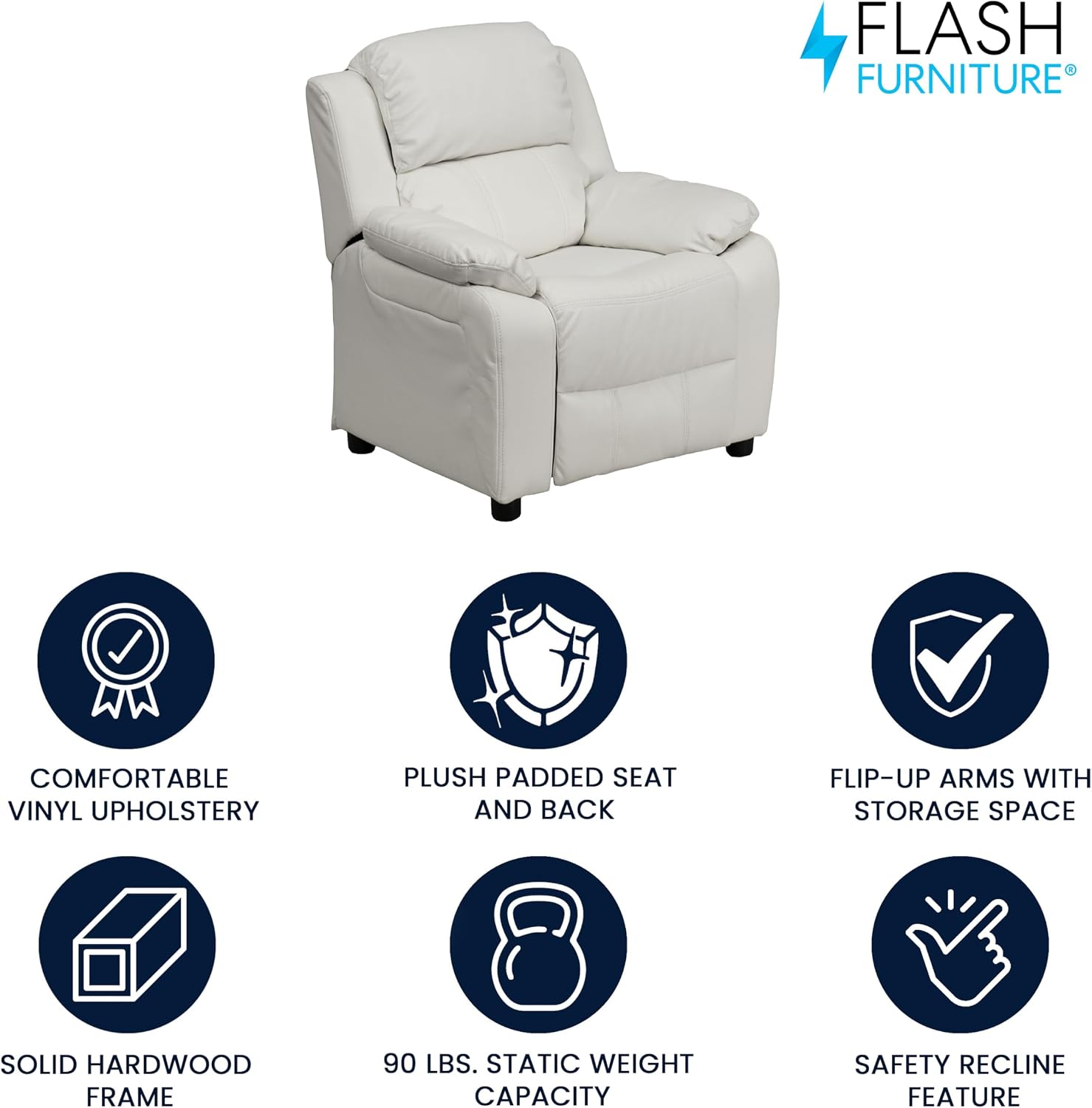Flash Furniture Charlie Vinyl Kids Recliner with Flip-Up Storage Arms and Safety Recline, Contemporary Reclining Chair for Kids, Supports up to 90 lbs., White