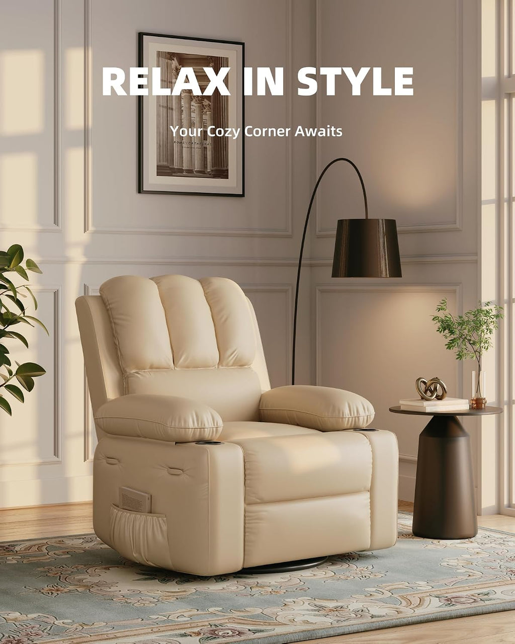 GarveeHome Recliner Chairs, Classic Manual Leather Recliner, Home Theater Seating with Lumbar & Arms Support for Living Room, Bedroom and Nursery (Beige-27)