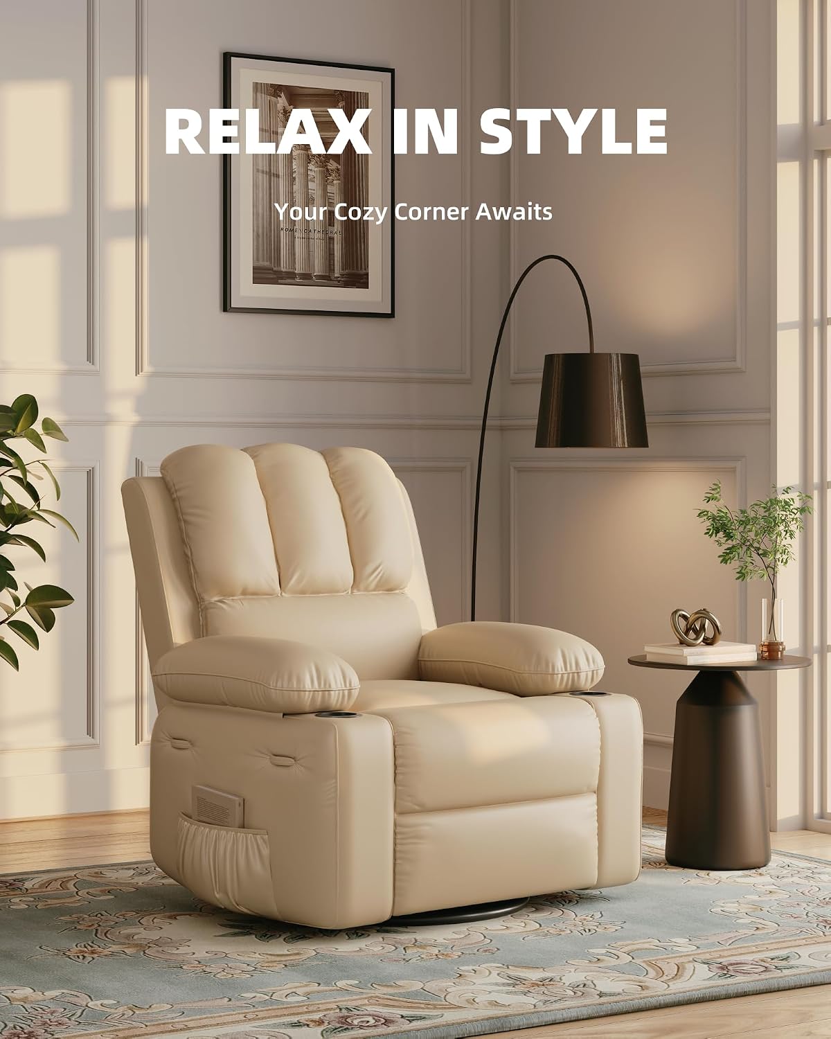 GarveeHome Recliner Chairs, Classic Manual Leather Recliner, Home Theater Seating with Lumbar & Arms Support for Living Room, Bedroom and Nursery (Beige-27)