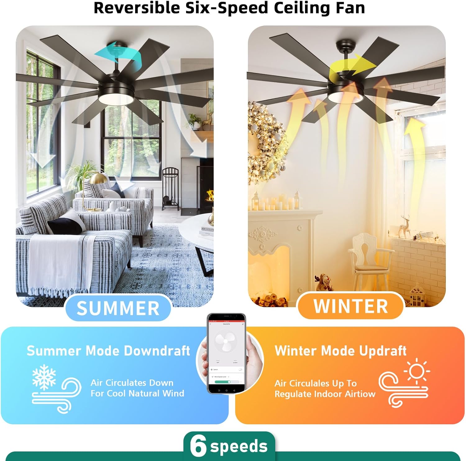 YITAHOME 60 Inch Black Ceiling Fan with Lights and Remote,8 Blades,App Control, Modern Smart Ceiling Fan Compatible with Alexa for Indoor, Reversible Quiet Motor, Memory Function