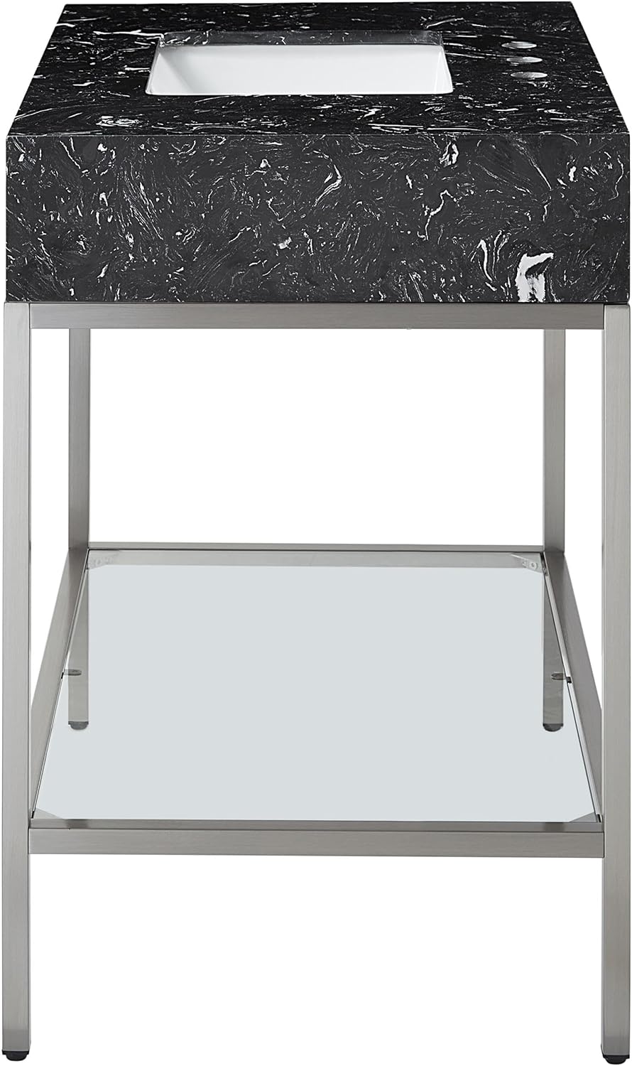 Meridian Furniture 408Black-36 Marmo Collection Modern | Contemporary Bathroom Vanity with Black Engineered Stone with White Veining, Brushed Chrome Stailness Steel Base, 36' W x 23' D x 34' H, Black
