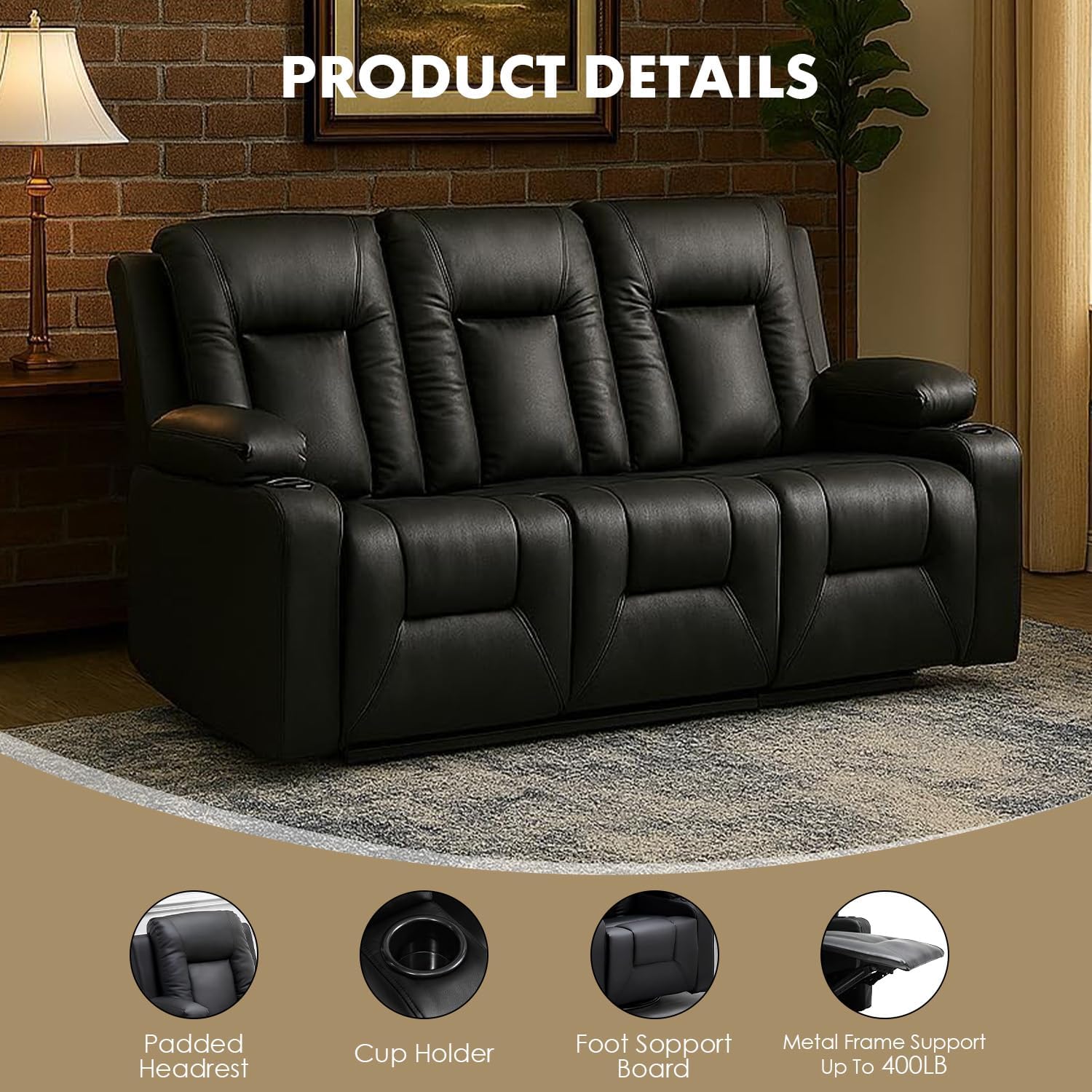LUCKLIFE Leather Recliner Sofa Set with Manual Recliners,Living Room Furniture Set with Reclining Couch,Loveseat and Armchair,Living Room Chair with Cup Holders,Black (3+2)