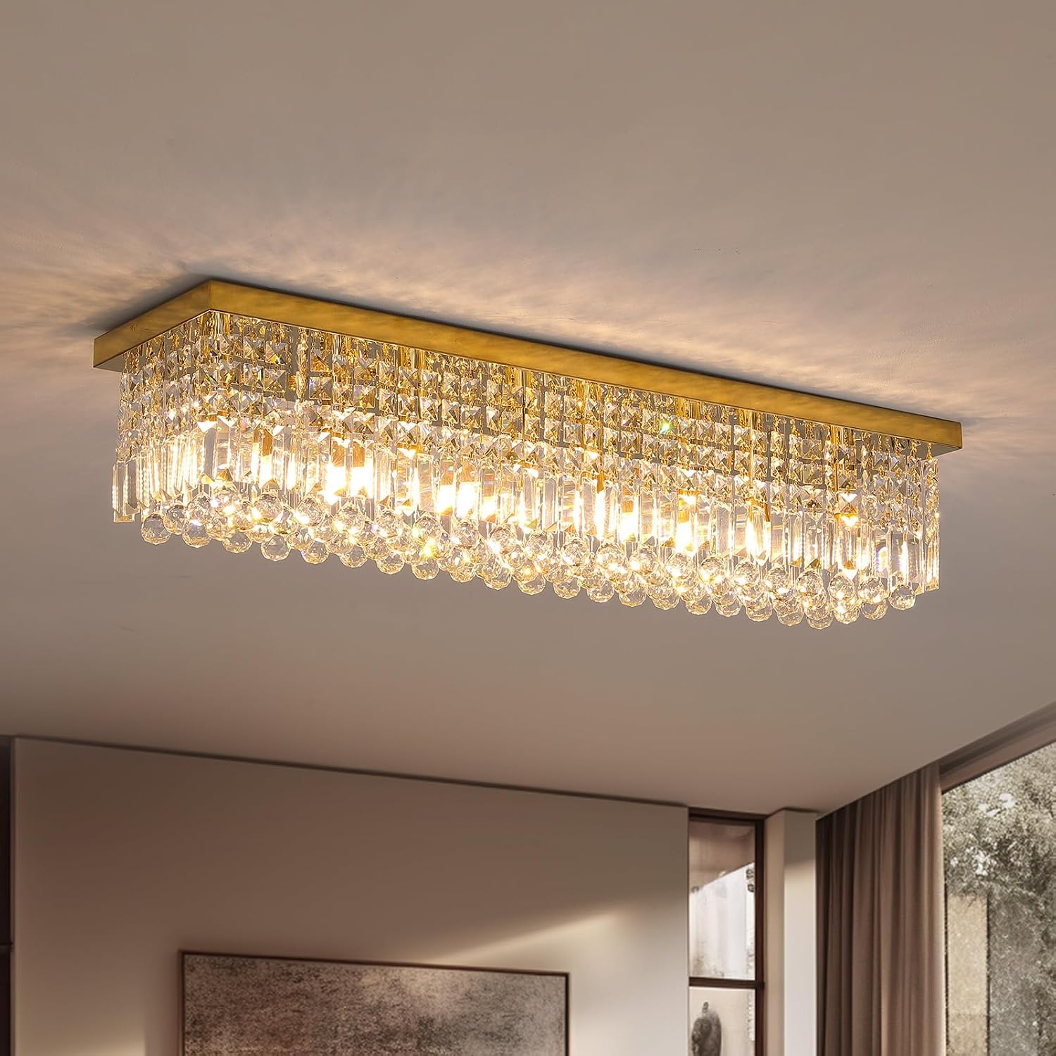 7PM Rectangular Chandelier, Modern Dining Room Light Fixture with Raindrop Chandelier Crystals, 8 Lights Flush Mount Rectangle Chandelier for Dining Room Living Room, L40' x W10' x H10' Gold