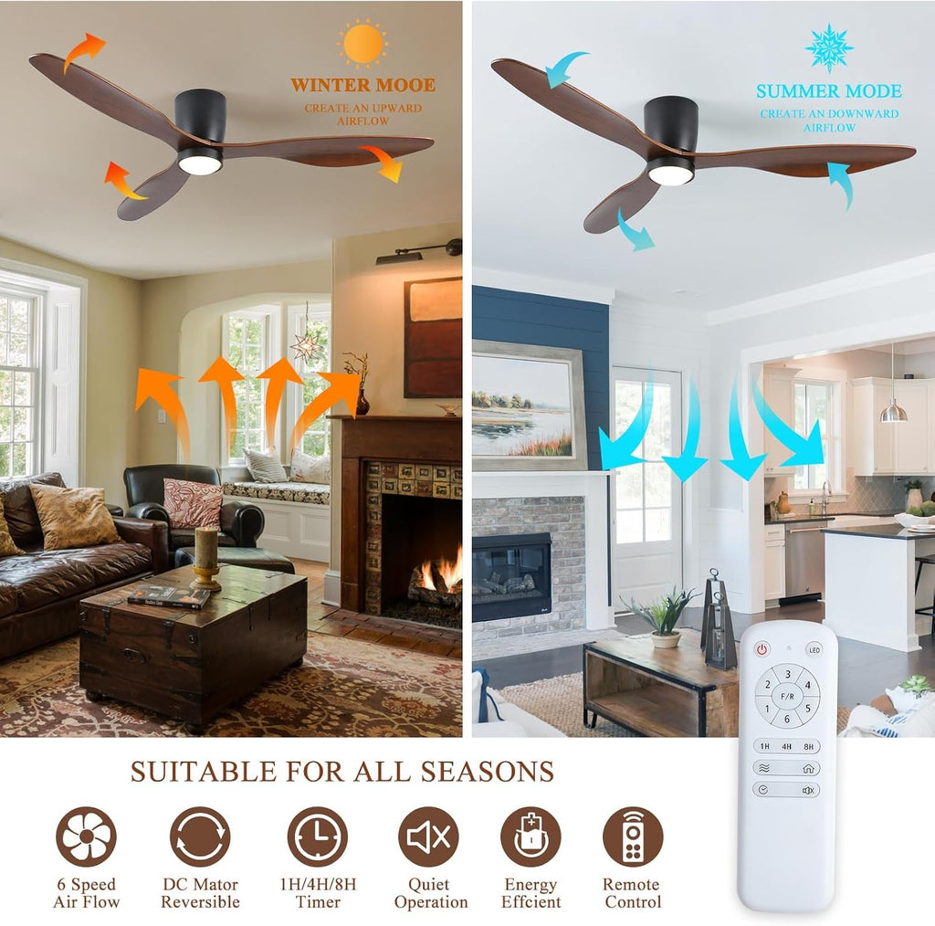 52 Inch Low Profile Ceiling Fan with Lights, Flush Mount Ceiling Fan, 3 Wood Blades, Noiseless DC Motor - Timer Function, 6 Adjustable Wind Speeds, for Patios, Bedrooms, Living Rooms(Walnut Wood)
