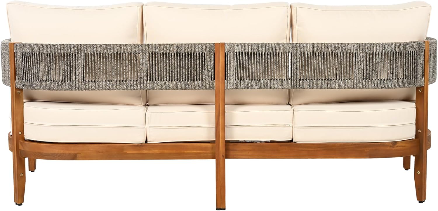 Christopher Knight Home Rekker Patio Acacia Wood 3-Seater Sofa, Patio Furniture Set 3-Seater Outdoor Sofa, Tub Design Outdoor Couch with Woven Rope and Removable Cushion,Comfy Reading Chair,Teak+Beige