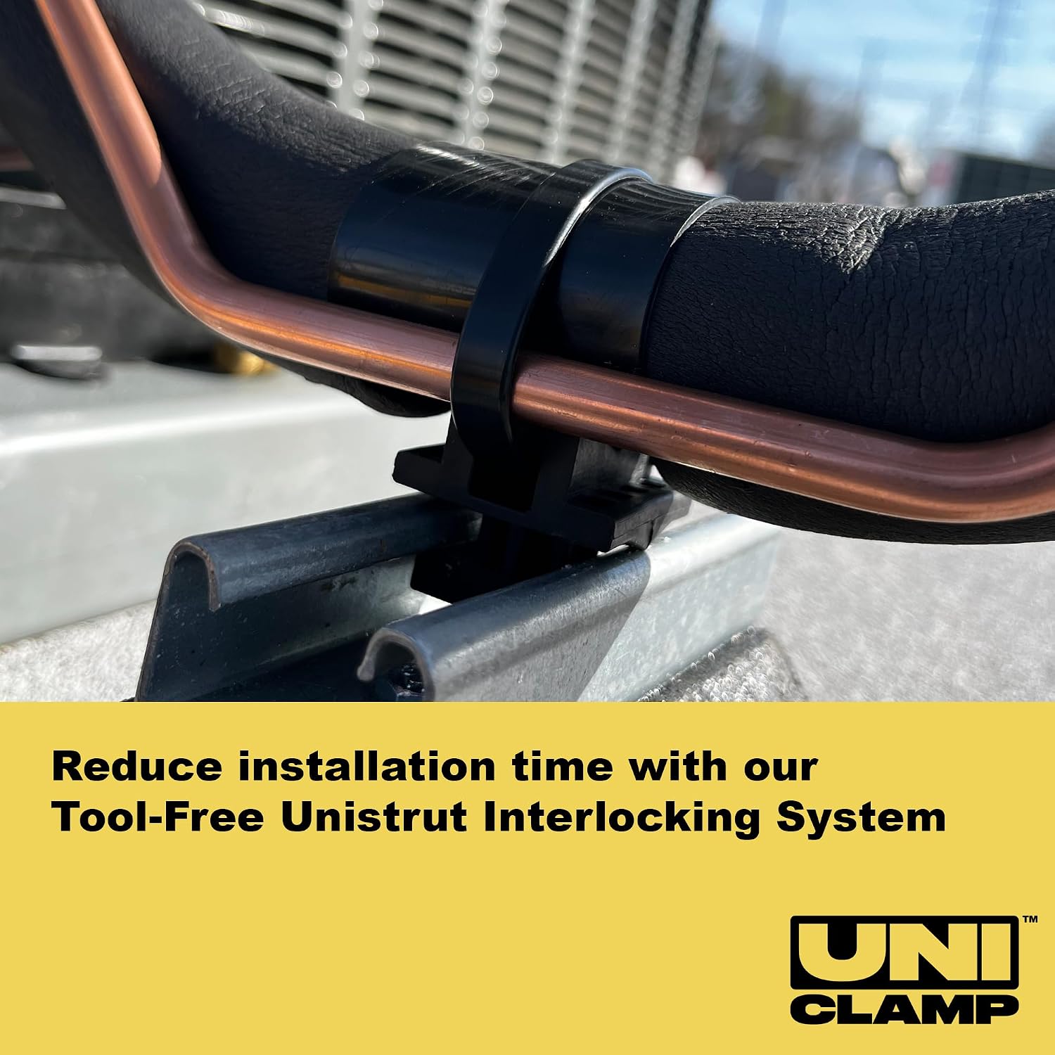 Strut Clamp for Piping and Conduit (10pcs & 100pcs), 3/8' to 5' Universal Size, Tool-Free Install, Made in USA, Non-Corrossive, Non-Conductive. (Uniclamp + Stainless Strap, 100)