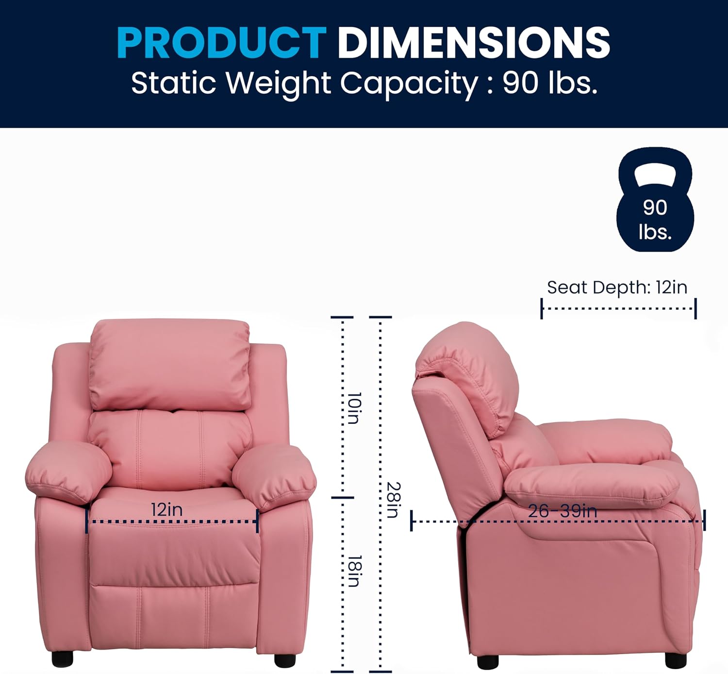 Flash Furniture Charlie Vinyl Kids Recliner with Flip-Up Storage Arms and Safety Recline, Contemporary Reclining Chair for Kids, Supports up to 90 lbs., Pink