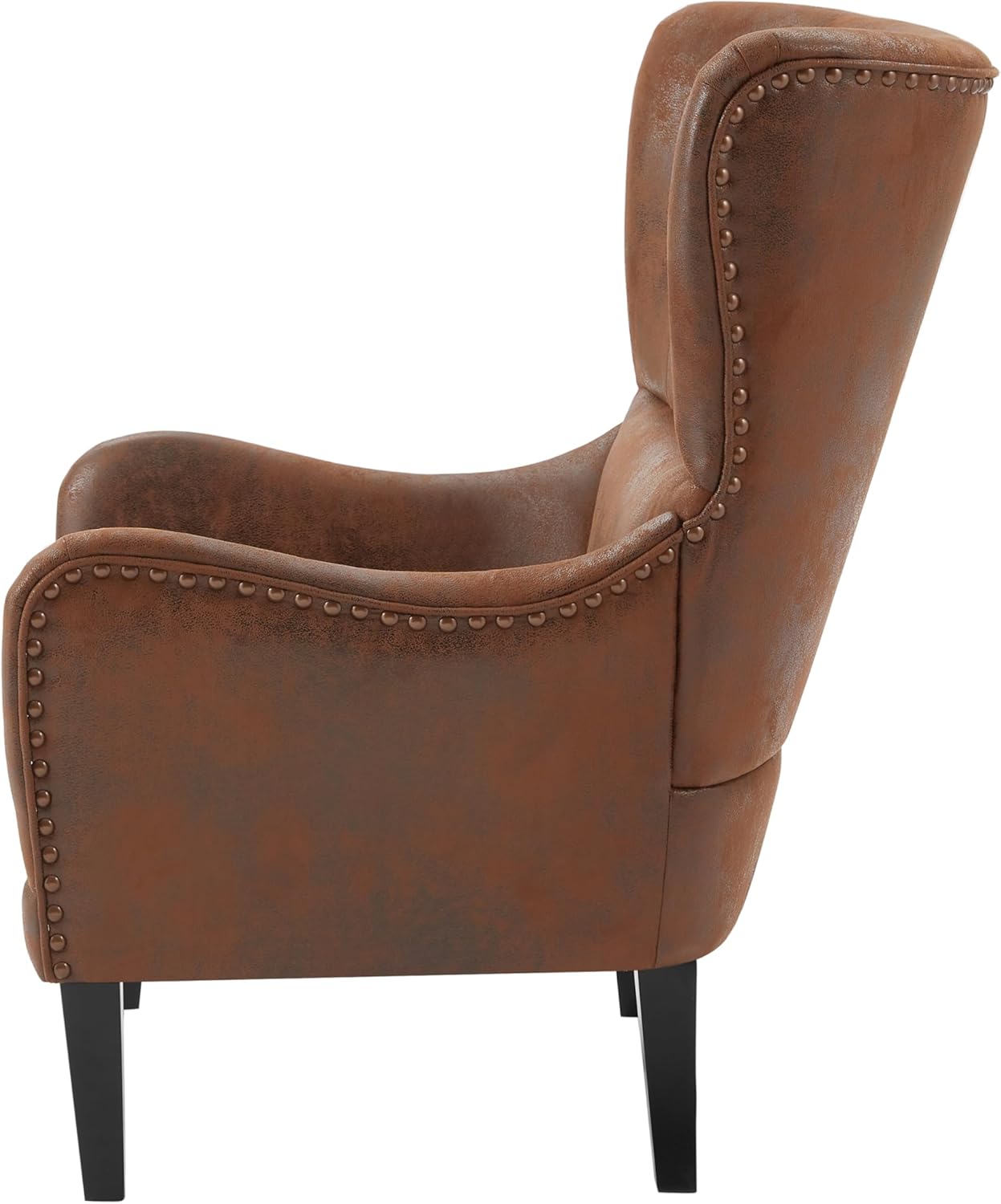 Christopher Knight Home Elber Mid-Century Modern Wingback Accent Chair, Faux Suede Upholstered Club Chair with Cushion, Wooden Living Room Lounge Chair for Reading, Relaxation, Brown