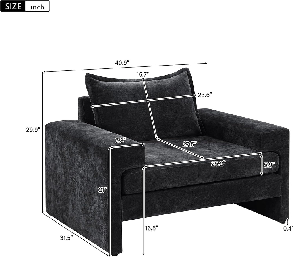 Christopher Knight Home Aylen Modern Chenille Upholstered Accent Chair with Wide Armrests, Wooden Living Room Club Chair, Bedroom Comfy Reading Chair with Back Pillow, Black
