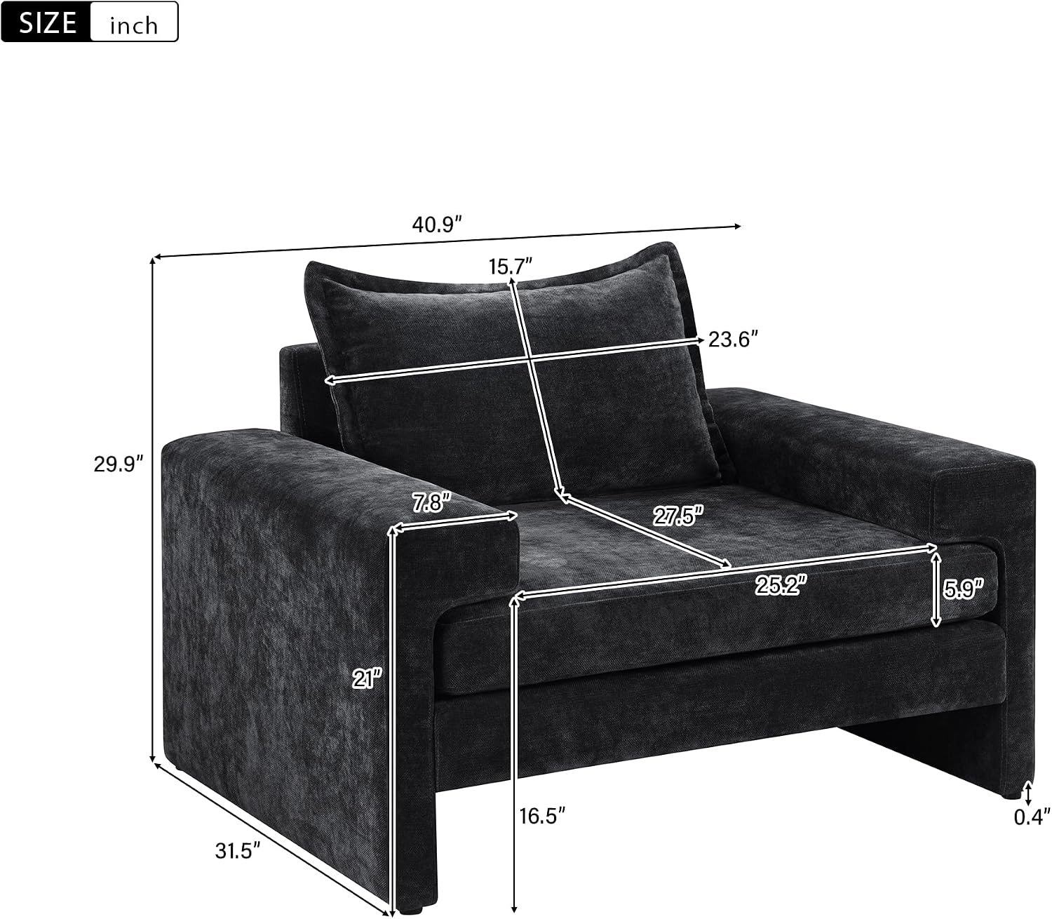Christopher Knight Home Aylen Modern Chenille Upholstered Accent Chair with Wide Armrests, Wooden Living Room Club Chair, Bedroom Comfy Reading Chair with Back Pillow, Black