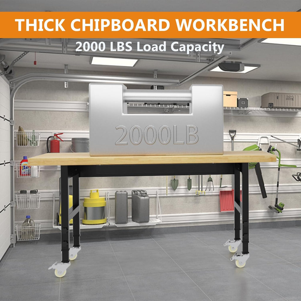 60' Heavy Duty Work Bench with Wheels, Adjustable Height Workbench with Drawers, 2000 LBS Capacity Work Table with Power Outlets for Garage, Workshop, Office, Home