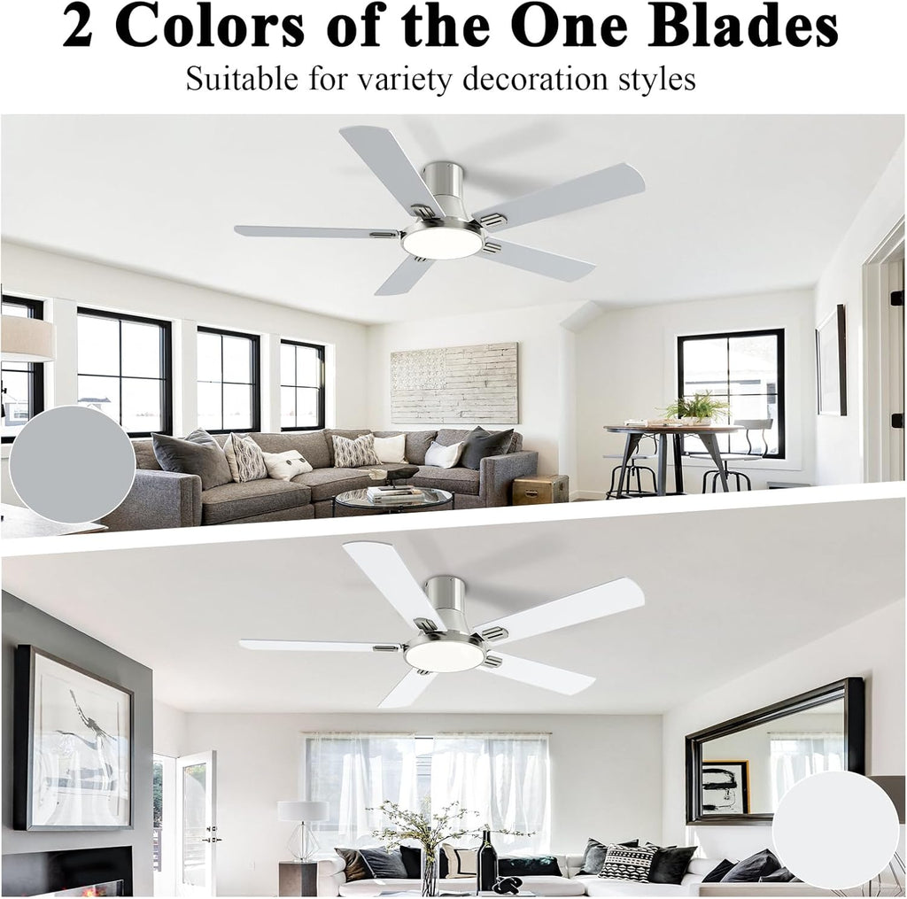 SNJ 52 Inch Brushed Nickel Ceiling Fans with Lights and Remote,Flush Mount Low Profile 5 Blades Ceiling Fan,Dimmable Quiet Reversible DC Motor for,Living Room,Bedroom and Patio