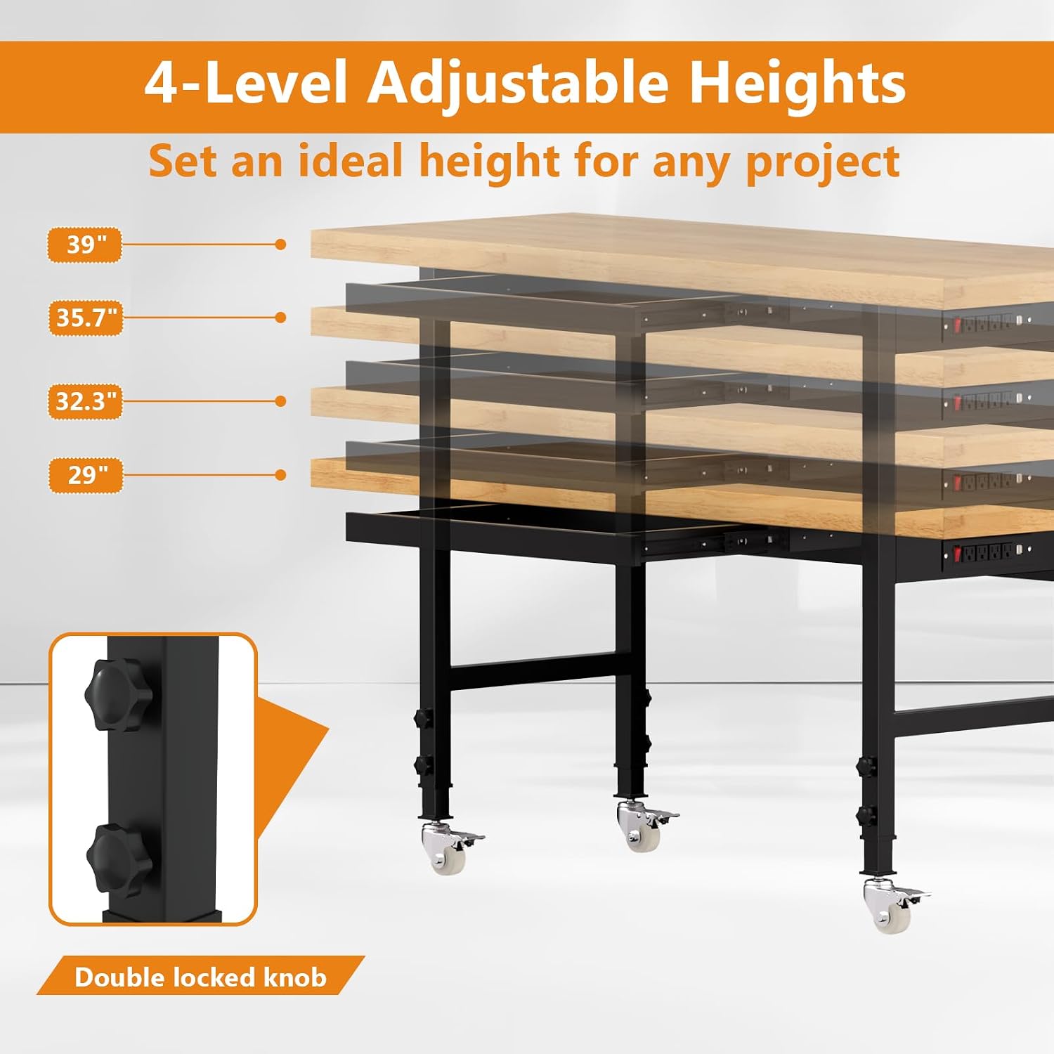 60' Heavy-Duty Solid Wood Work Bench with Drawers, Adjustable Height Workbench with Wheels, 2000 LBS Capacity Work Table with Power Outlets for Garage, Workshop(60' X 24')