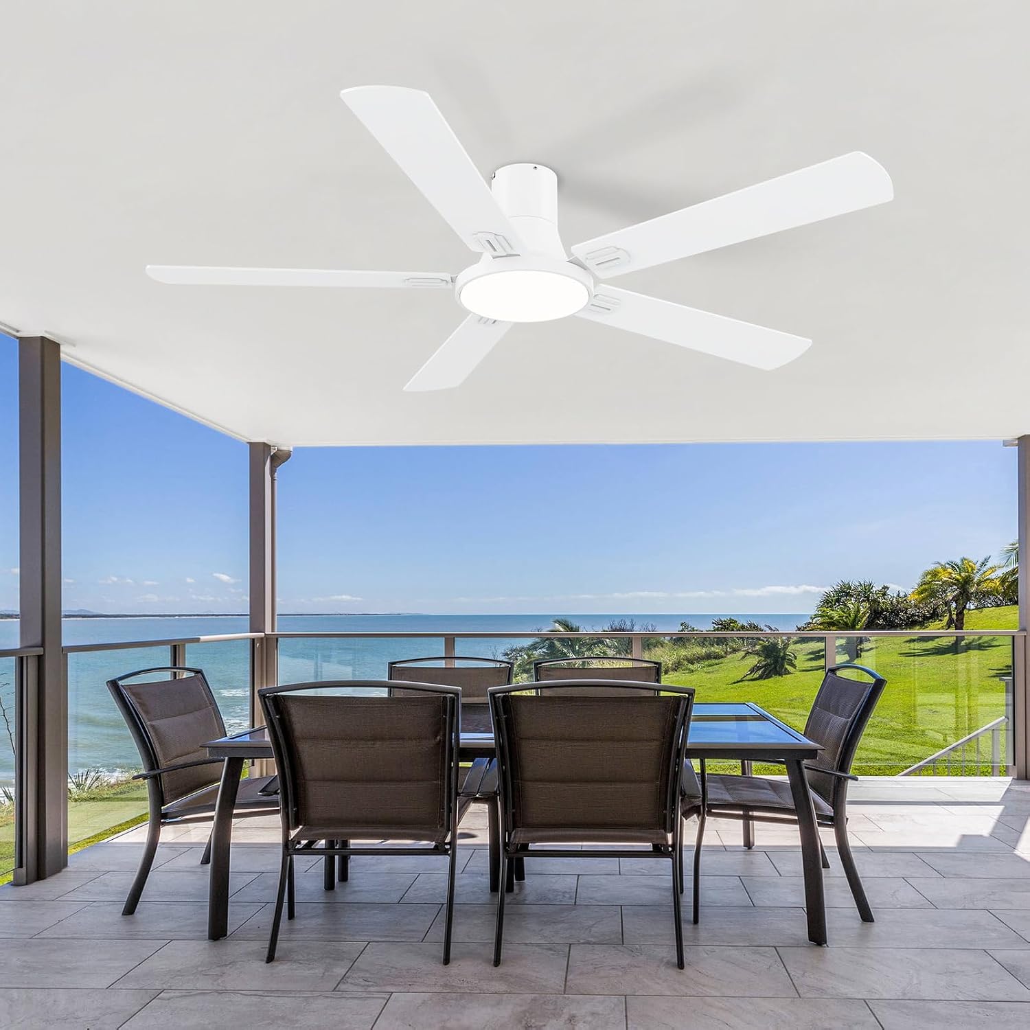 SNJ 60 Inch White Ceiling Fans with Lights and Remote,Flush Mount Low Profile 5 Blades Ceiling Fan,Dimmable Quiet Reversible DC Motor for,Living Room,Bedroom and Patio