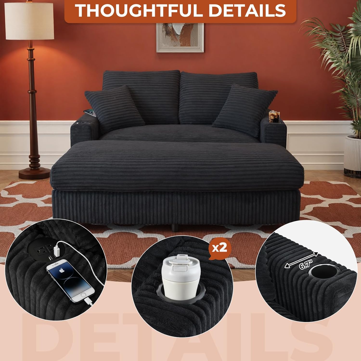 60' Oversized Chaise Lounge Chair Indoor, Upholstered Sofa Bed with Pillows & 2 Cup Holders, Sleeper Couch Comfy Corduroy Recliner Chair for Living Room, Movie Room, Bedroom, Black