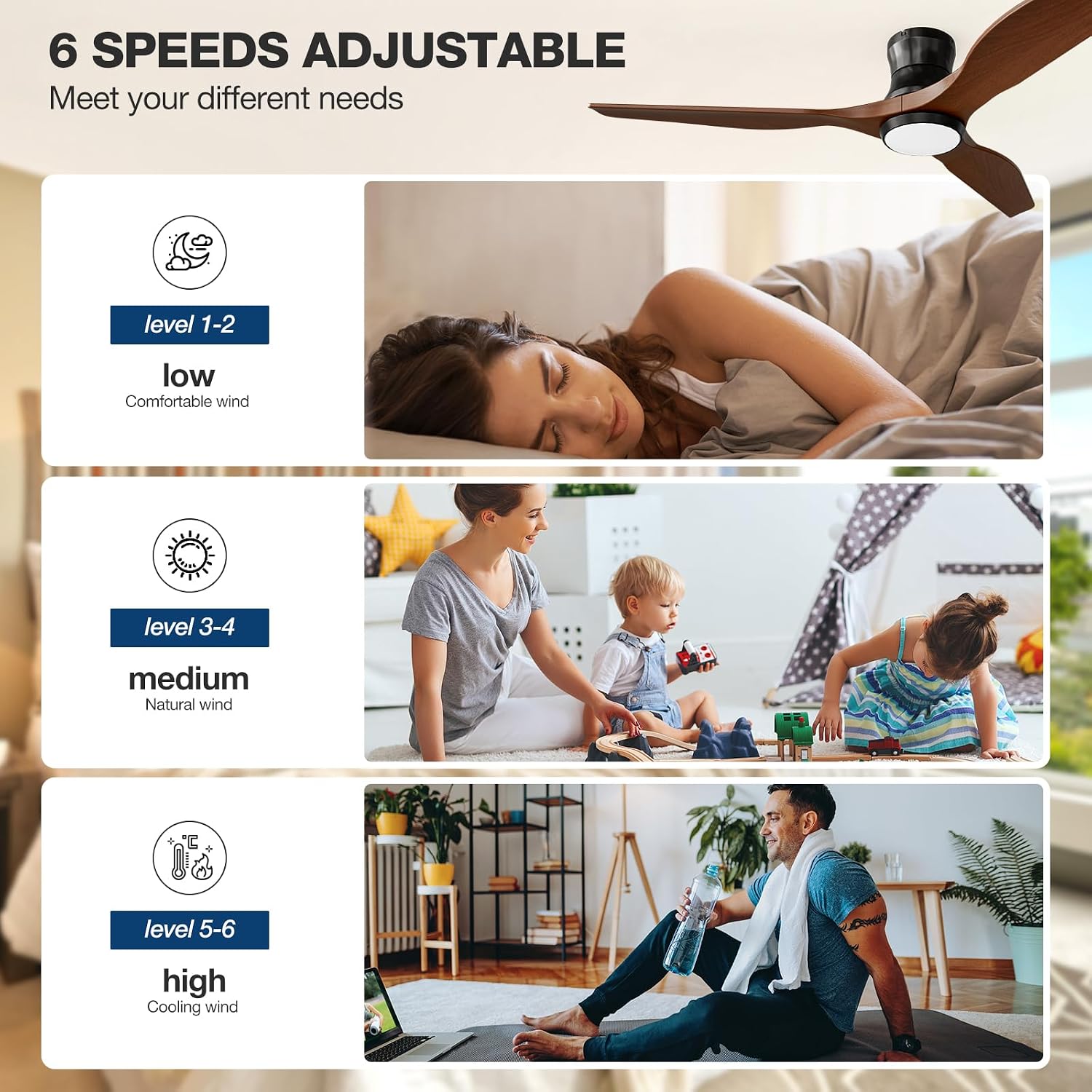 Smart 52' Wood Flush Mount Ceiling Fan with Remote Control, Walnut | Quiet DC Motor, WiFi Alexa Voice Control, High CFM Dimmable LED, Low Profile, Reversible, 6 Speeds Adjustment, Time Setting