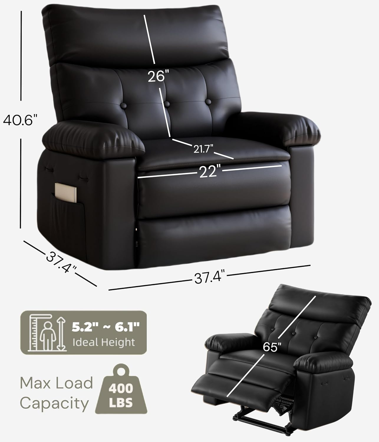 GarveeHome Recliner Chair - PU Leather Recliner for Adults, Manual Lazy Recliner Chair with Overstuffed Comfort Arm and Back for Living Room, Bedroom