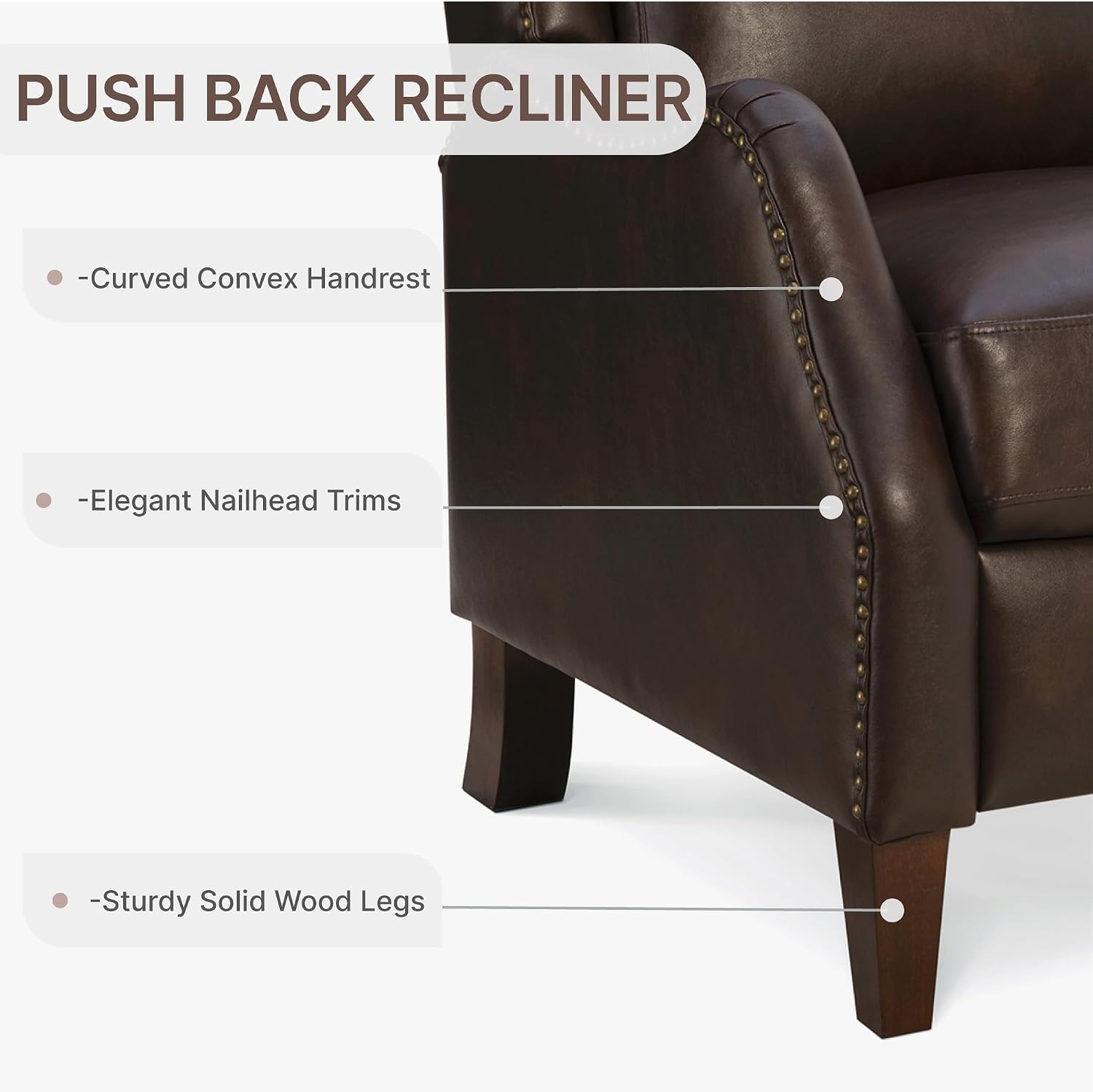KISLOT Leather Pushback Recliner Faux Armchair with Rivet Decoration Single Sofa Accent Chair for Living Room Bedroom