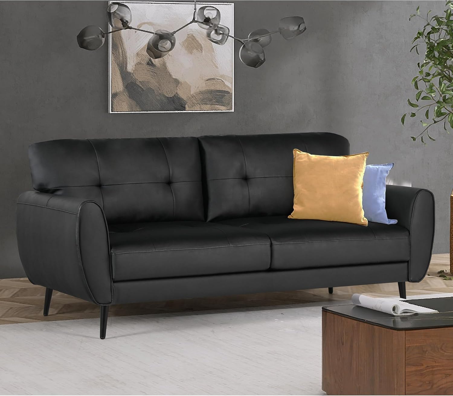 60' Loveseat Sofa for Living Room, Mid Century Mini Black Couch, Tufted Leather Love Seat Furniture, Comfy Office 2 Seat, Small Couches for Small Spaces, Bedroom, Apartment