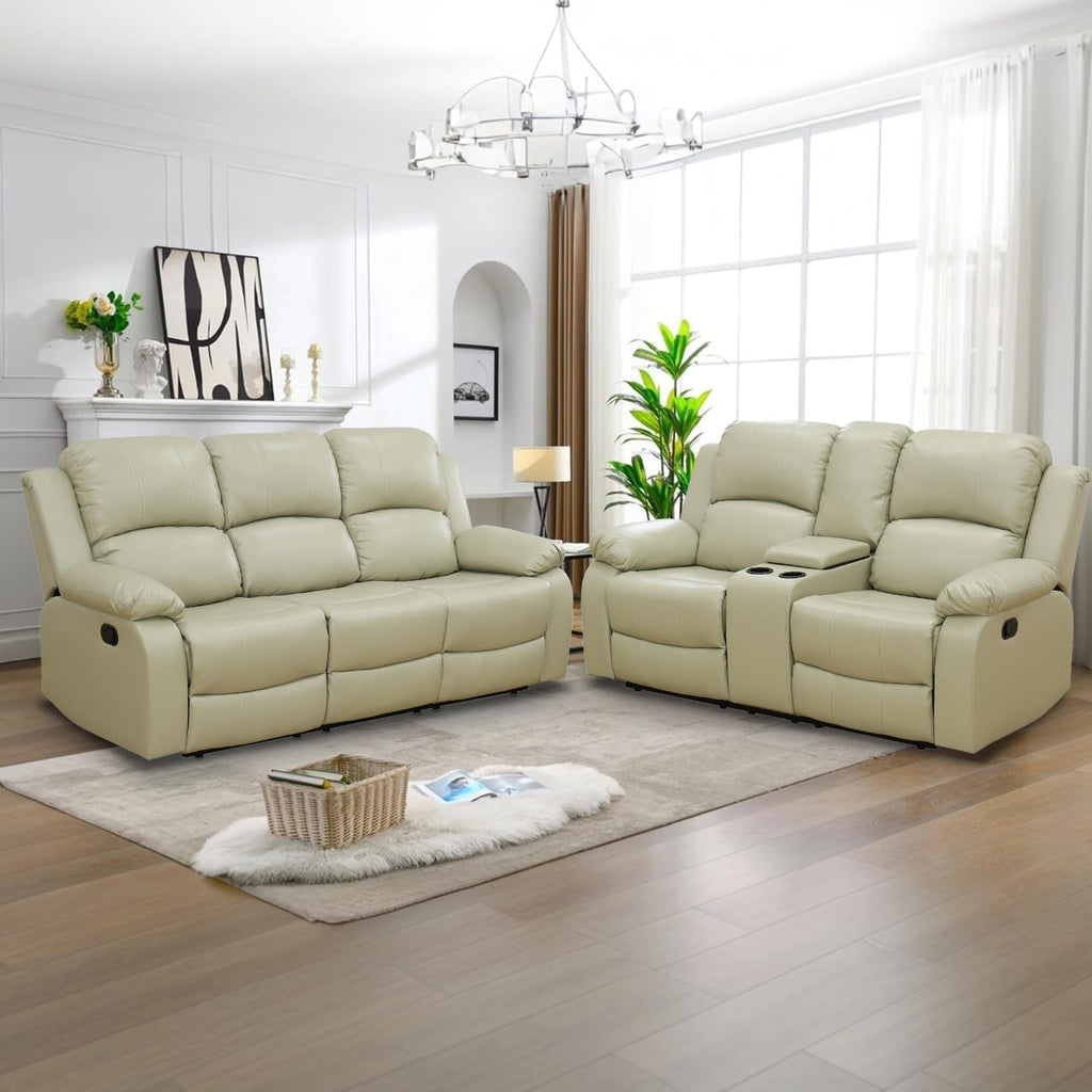 Living Room Furniture Sets, Manual Reclining Sofa and Lovseat Set with Drop-Down Table, Leather Recliner Couch Sets, Recliner Sofa with Storage Console/Cup Holder for Home/Apartment(Beige)