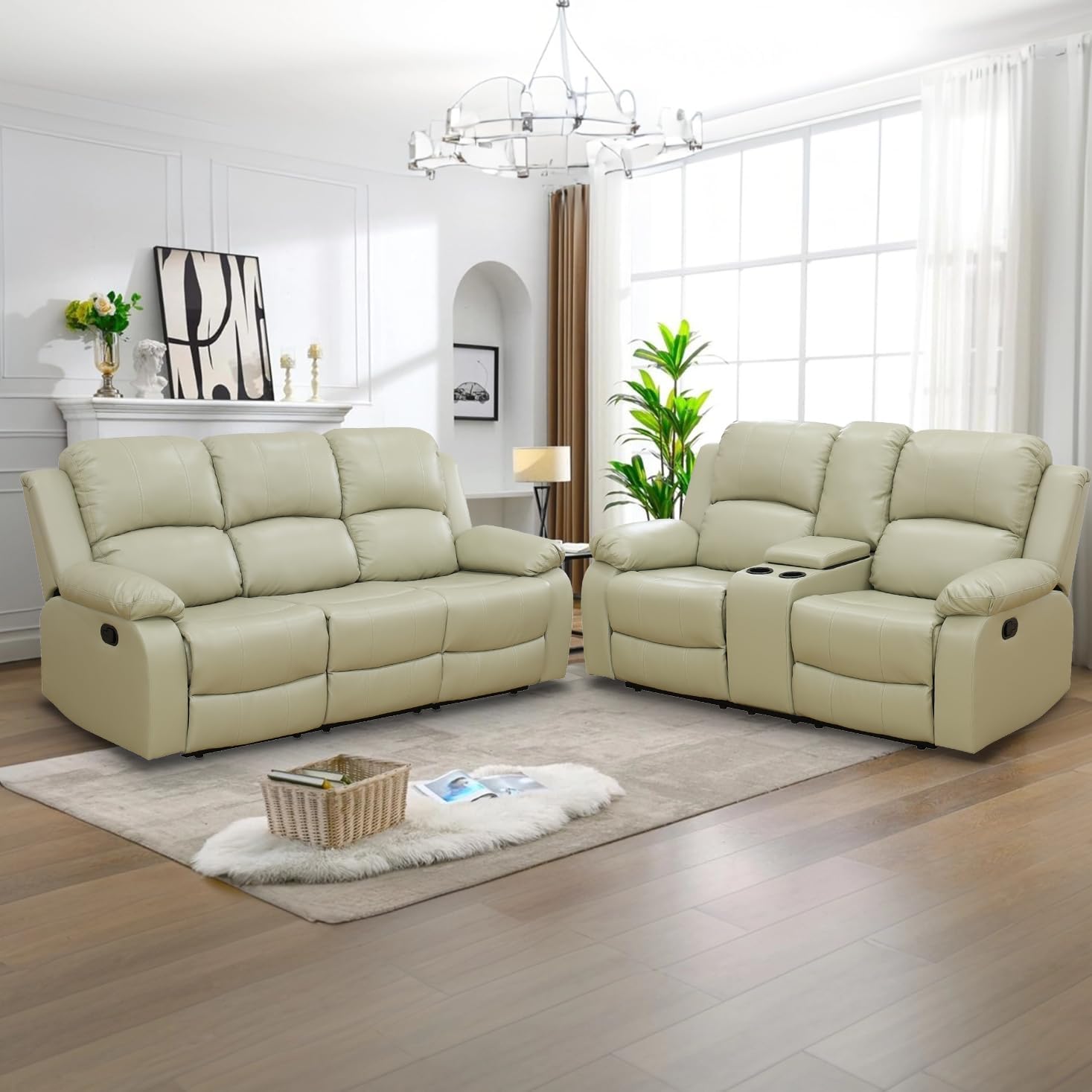 Living Room Furniture Sets, Manual Reclining Sofa and Lovseat Set with Drop-Down Table, Leather Recliner Couch Sets, Recliner Sofa with Storage Console/Cup Holder for Home/Apartment(Beige)