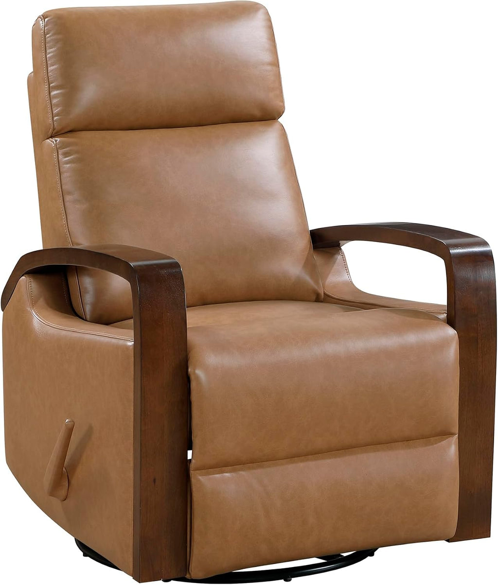Lexicon 360 Degree Swivel Glider Reclining Chair, Breathable Faux Leather Manual Recliner, Comfy Nursery Glider Recliner, Wood Arms, Pull Handle for Living Room/Office/Bedroom/Apartment, Camel Brown