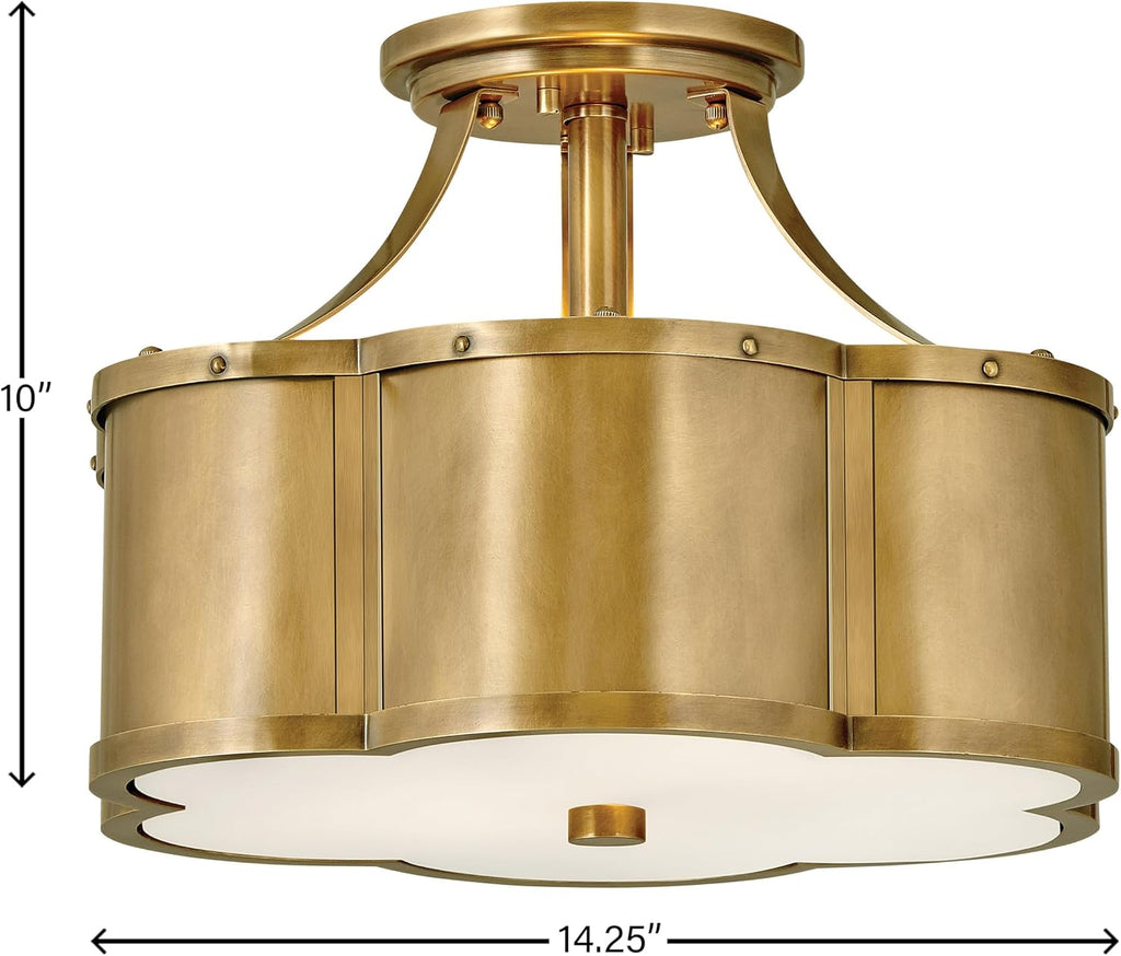 Hinkley Chance Two Light Medium Semi-Flush Mount Fixture – Classic, Timeless Details, Etched Lens – Heritage Brass