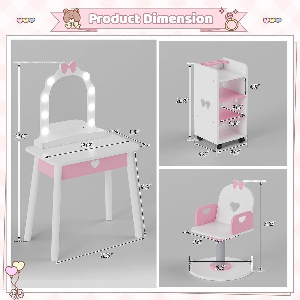 Kids Vanity Set with Light and Barber Chair, White Pink Makeup Dressing Vanity Table with Storage Shelf and Hair Salon Play Set 7 pcs Accessories, Pretend Play Vanity Set for Toddler Girls