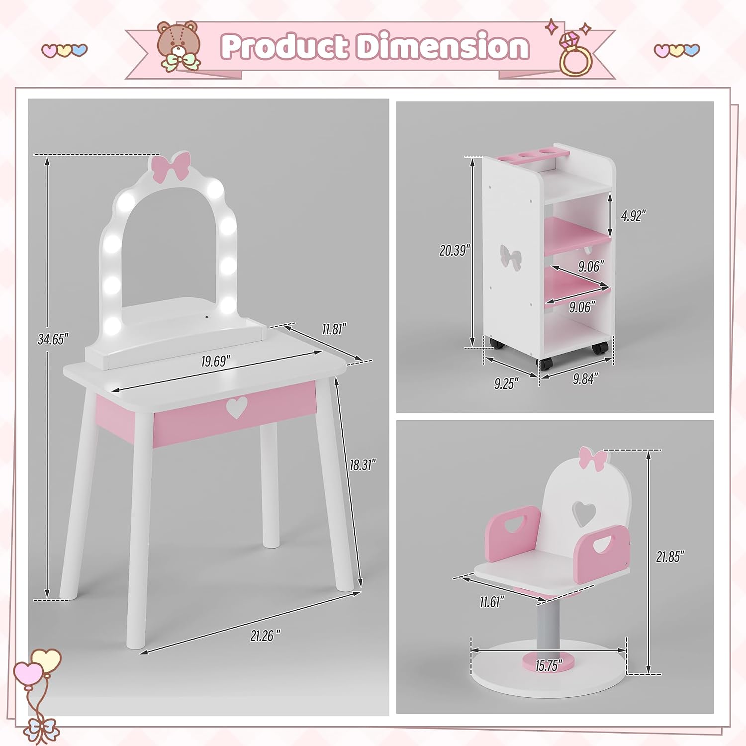 Kids Vanity Set with Light and Barber Chair, White Pink Makeup Dressing Vanity Table with Storage Shelf and Hair Salon Play Set 7 pcs Accessories, Pretend Play Vanity Set for Toddler Girls