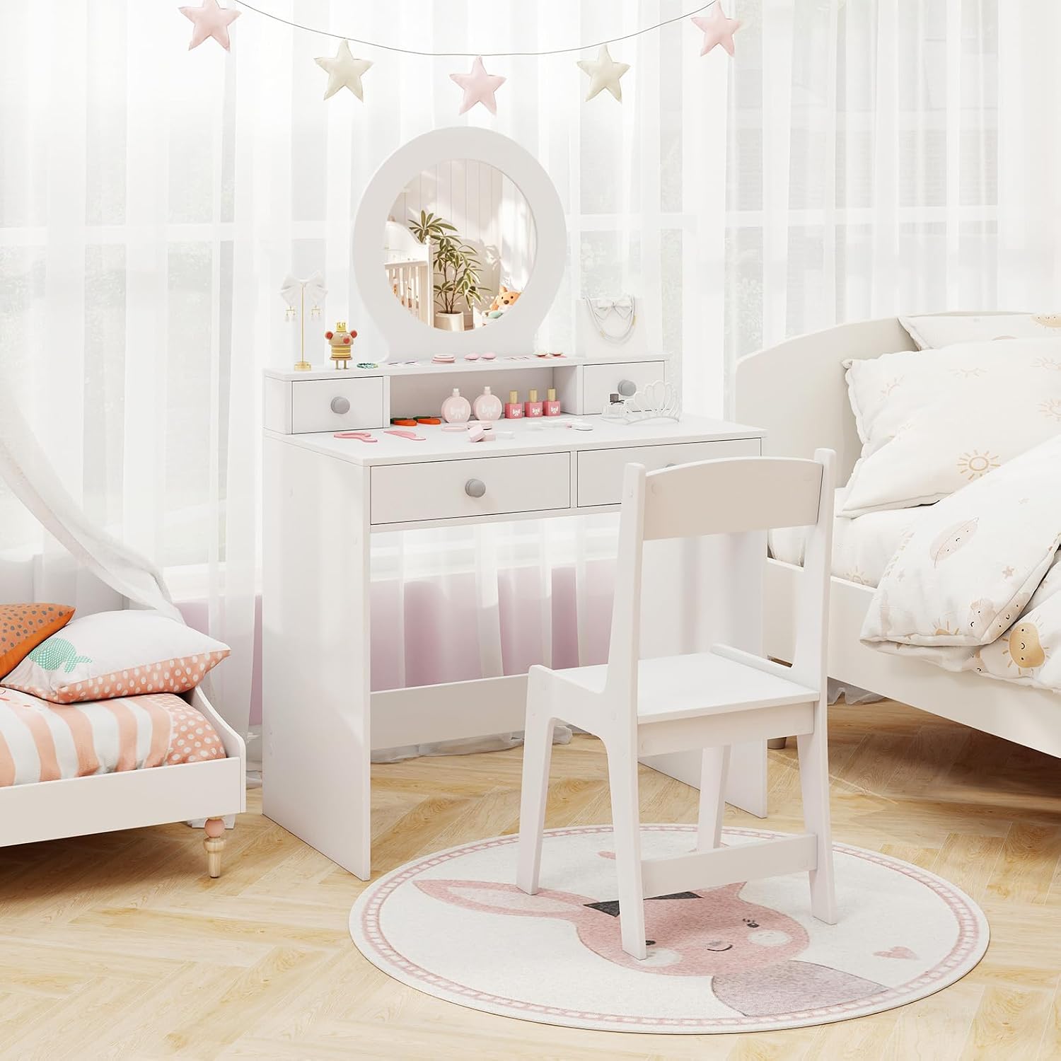 HONEY JOY Kids Vanity, Little Girls Vanity Set with Mirror and Stool, Drawers, Toddler Makeup Vanity Dressing Table, Wooden Pretend Play Kids Vanity Table and Chair Set (White)