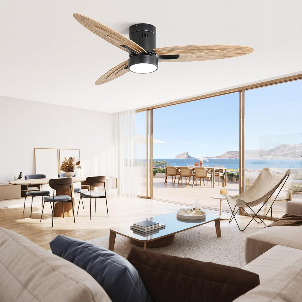 56 Inch Flush Mount Ceiling Fan with Light and Remote Control, 3 Solid Wood Blades Reversible DC Motor Black for Living Room